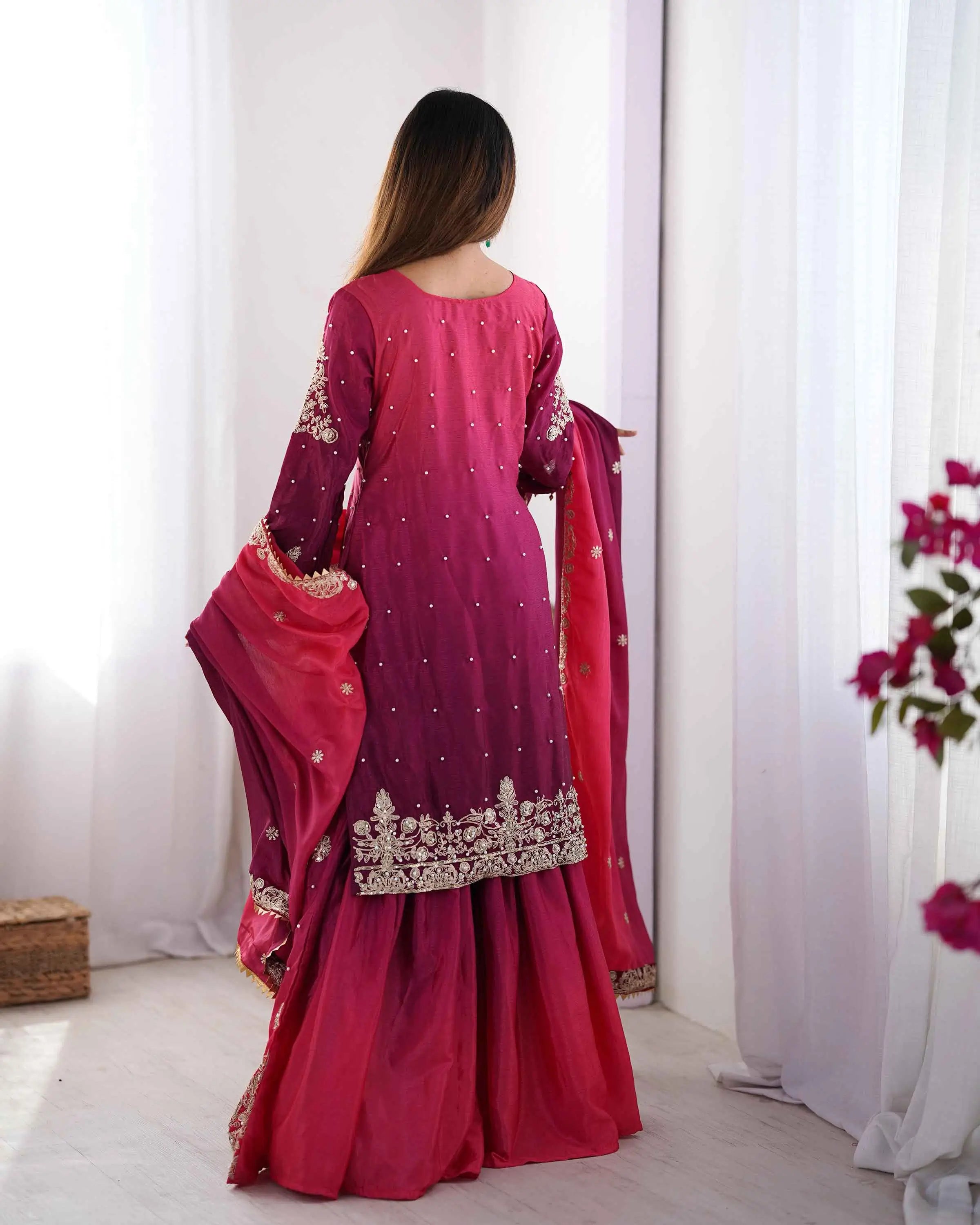 Wine Berry Cording Sequins Work With Rivet Moti Sharara Set With Dupatta - qivii