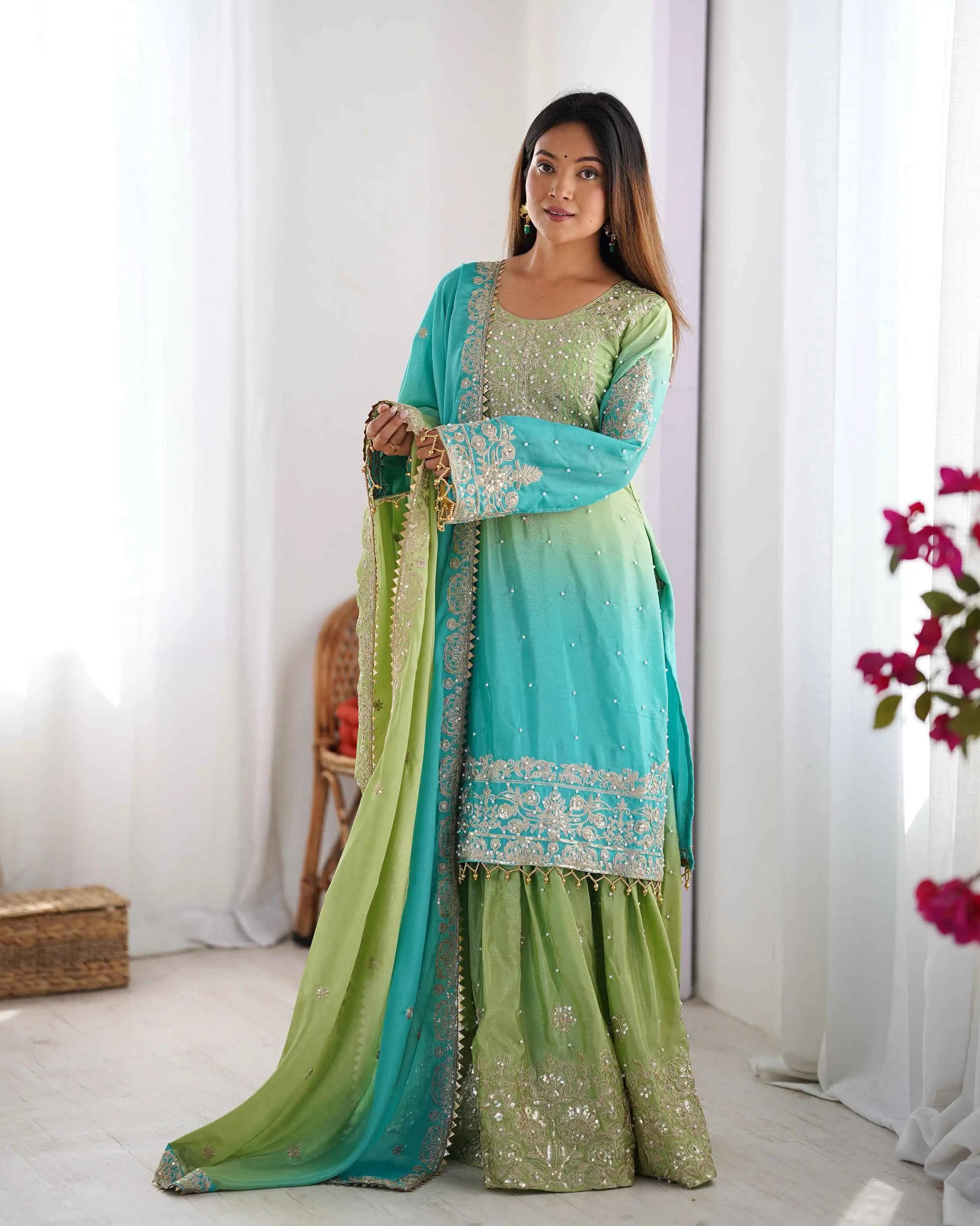 Sky Blue Cording Sequins Work With Rivet Moti Sharara Set With Dupatta - qivii