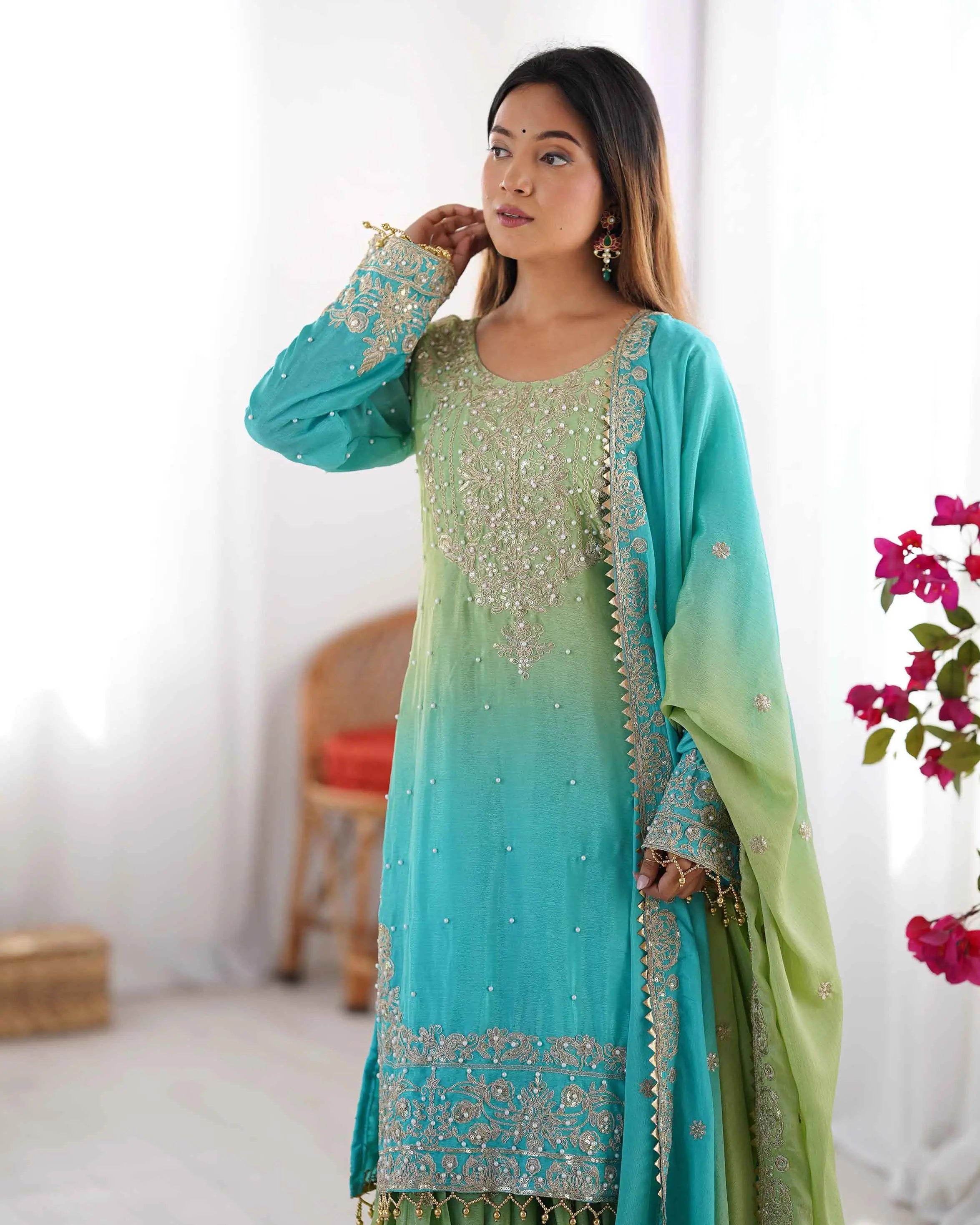 Sky Blue Cording Sequins Work With Rivet Moti Sharara Set With Dupatta - qivii