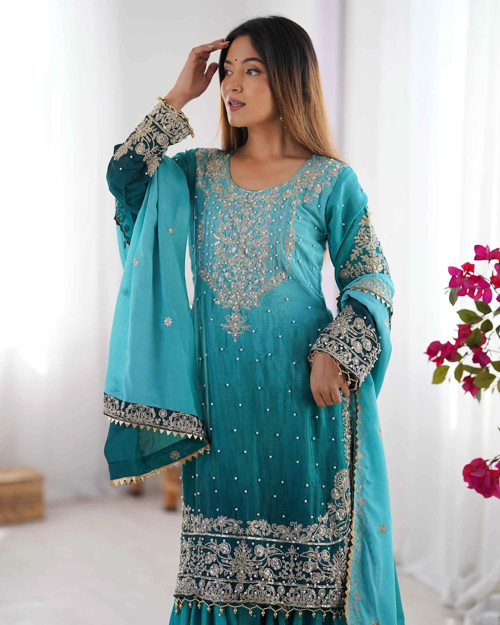 Teal Blue Cording Sequins Work With Rivet Moti Sharara Set With Dupatta - qivii