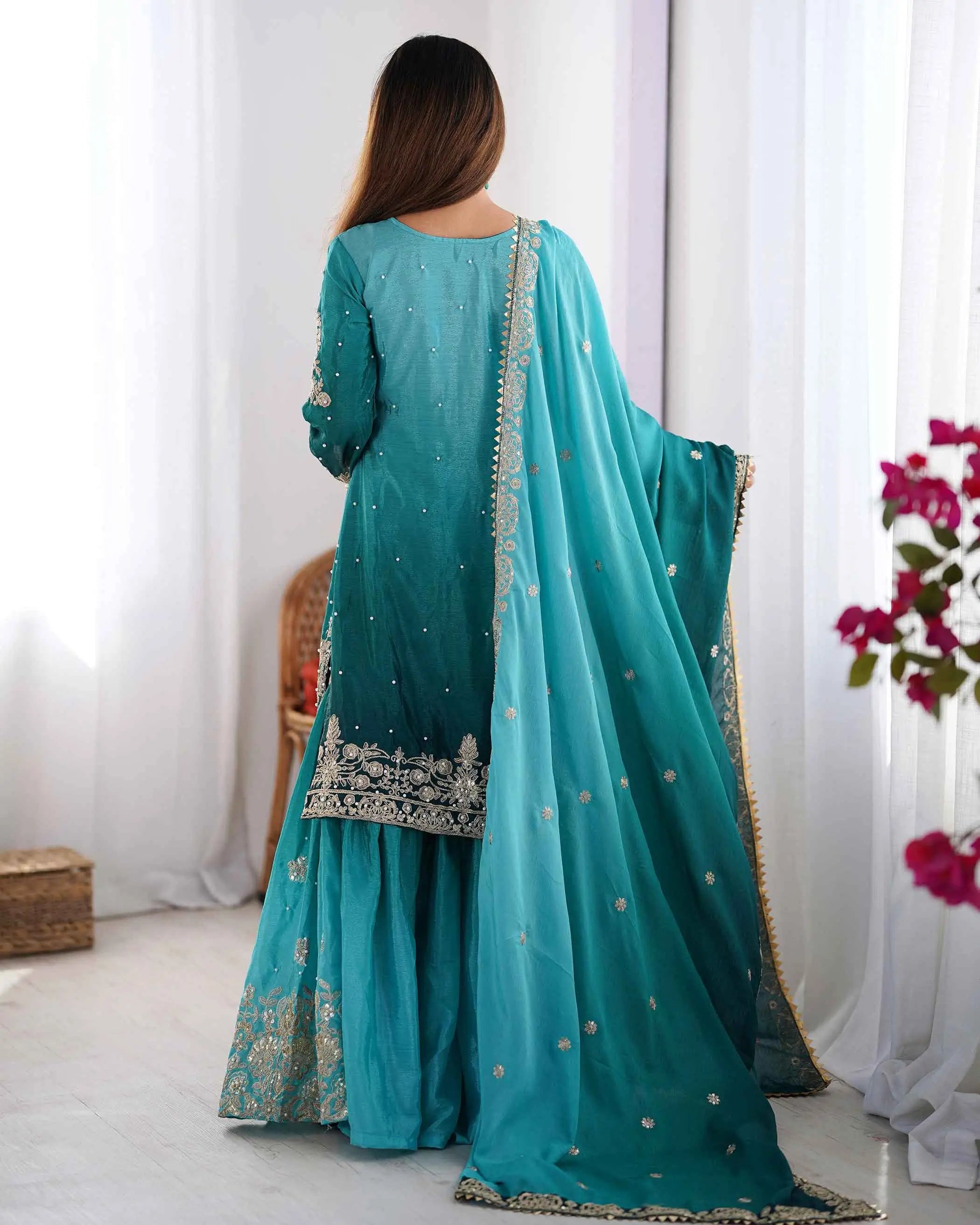 Teal Blue Cording Sequins Work With Rivet Moti Sharara Set With Dupatta - qivii
