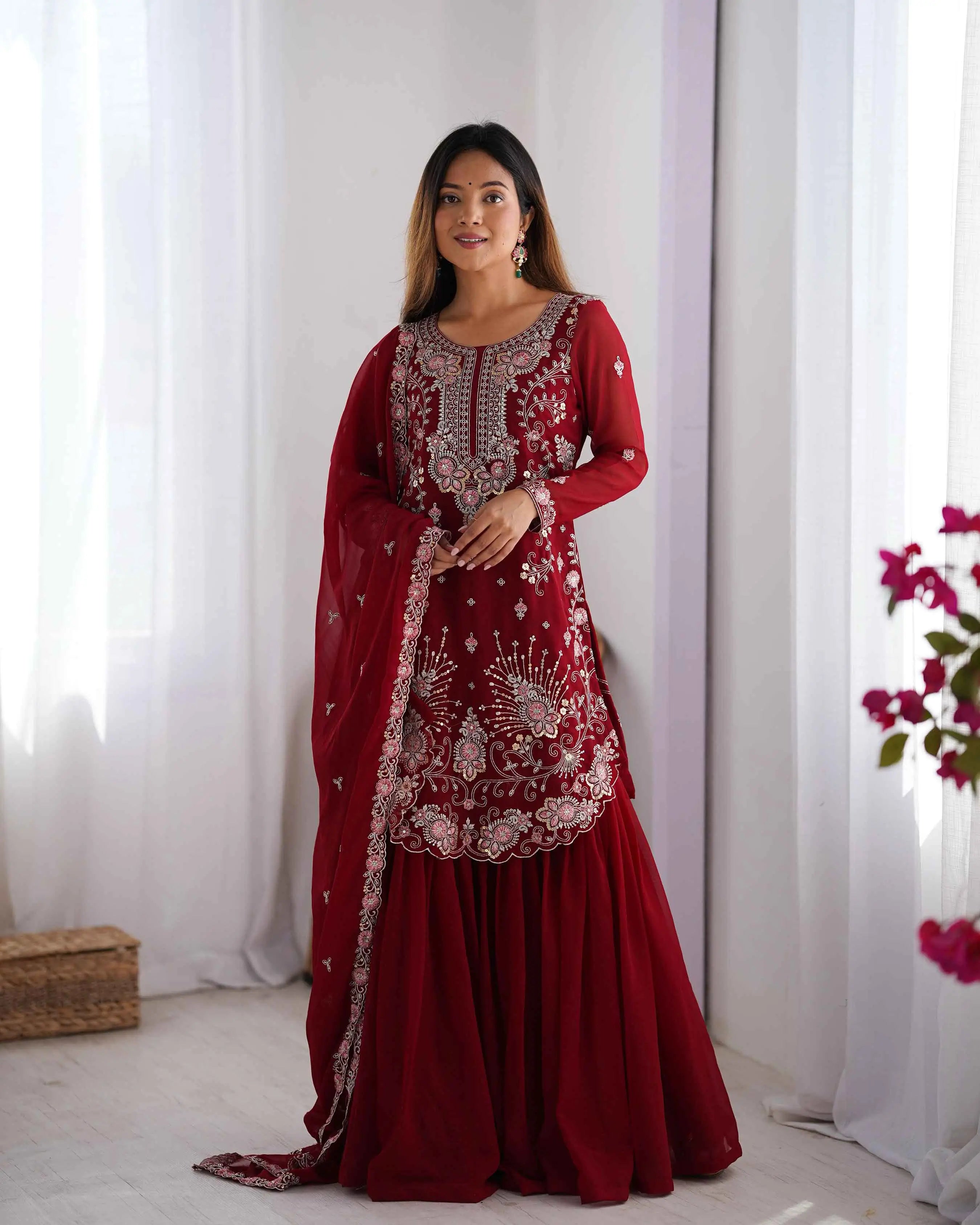 Merlot Red Sequins Embroidery Work Sharara Set With Dupatta - qivii