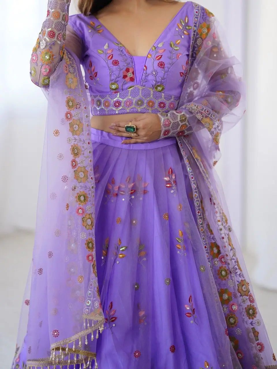 Lavender Soft Net Lehenga With Thread & Sequins Embroidery Work - qivii