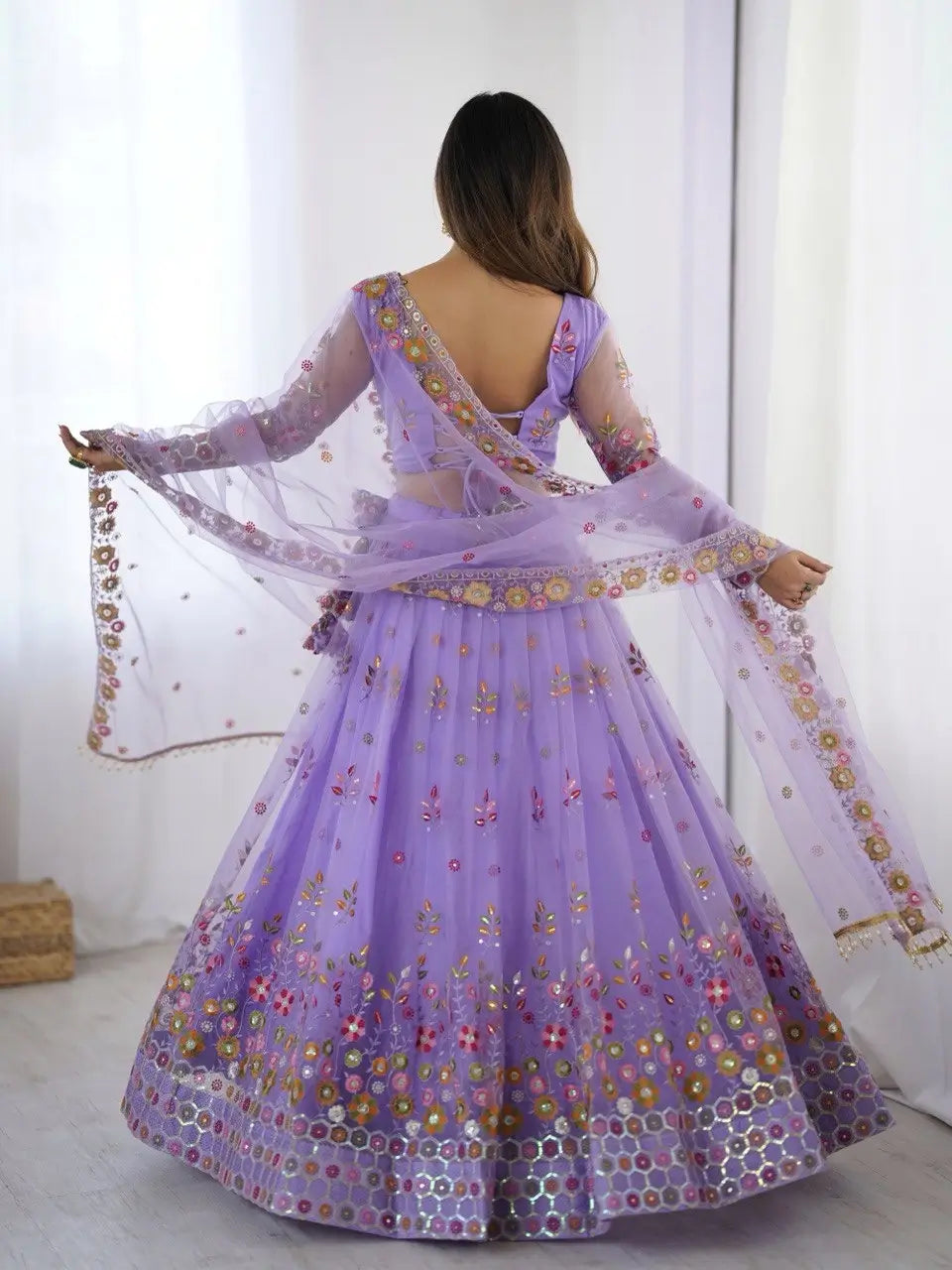 Lavender Soft Net Lehenga With Thread & Sequins Embroidery Work - qivii