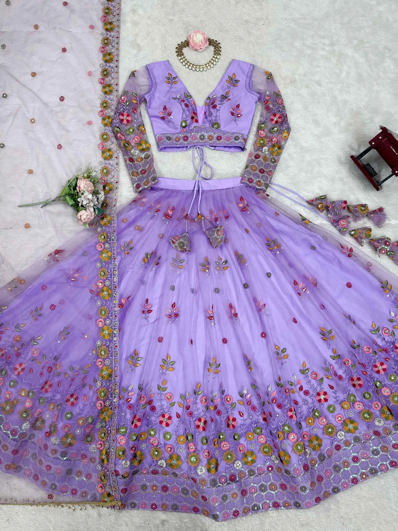 Lavender Soft Net Lehenga With Thread & Sequins Embroidery Work - qivii