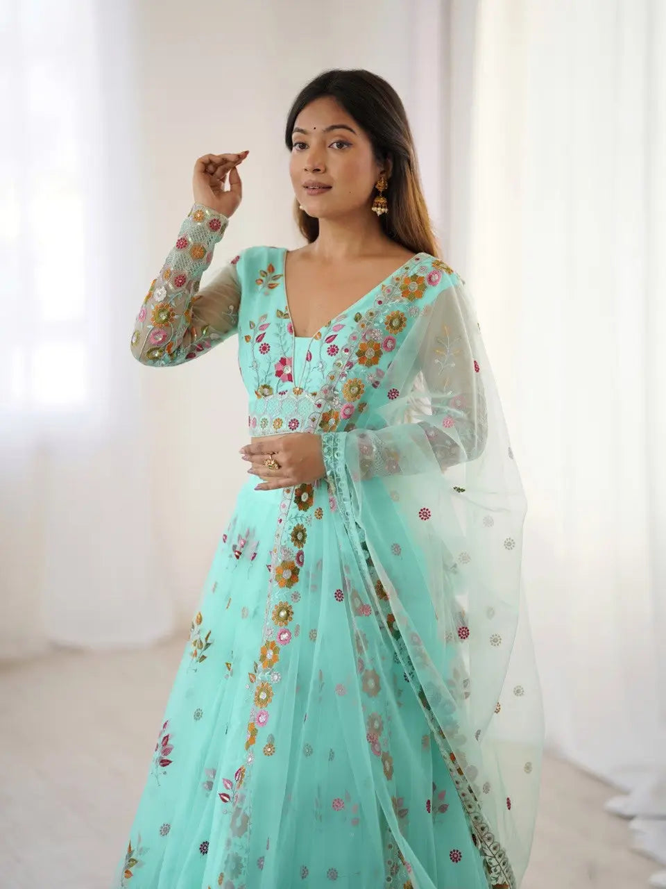 Light Cyan Soft Net Lehenga With Thread & Sequins Embroidery Work - qivii