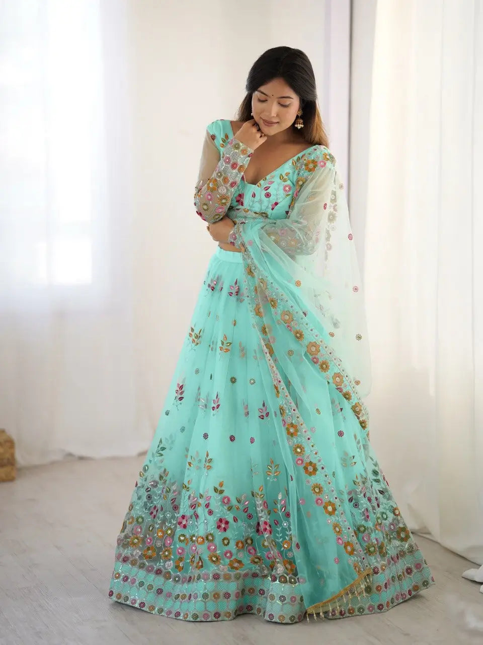 Light Cyan Soft Net Lehenga With Thread & Sequins Embroidery Work - qivii