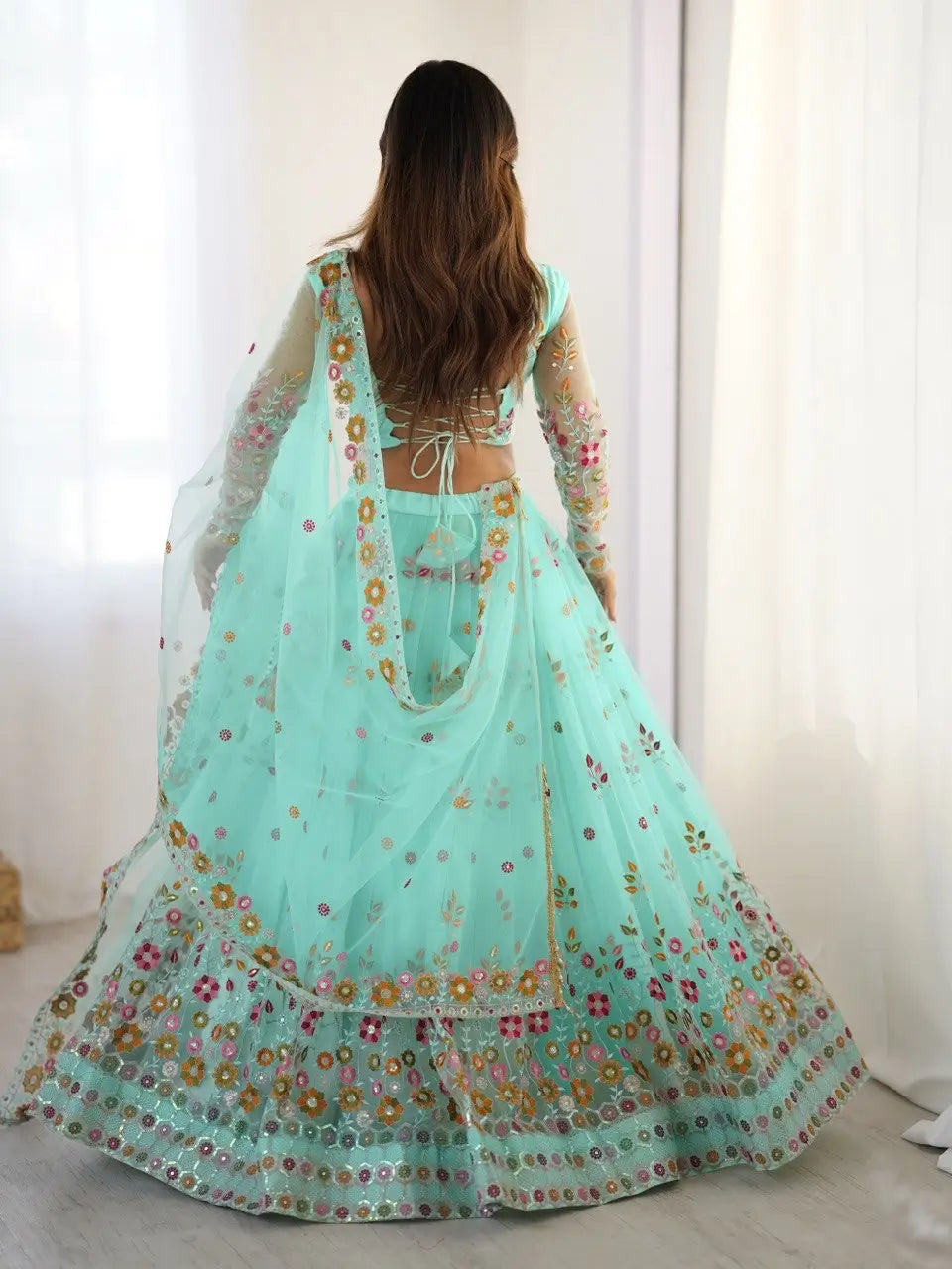 Light Cyan Soft Net Lehenga With Thread & Sequins Embroidery Work - qivii