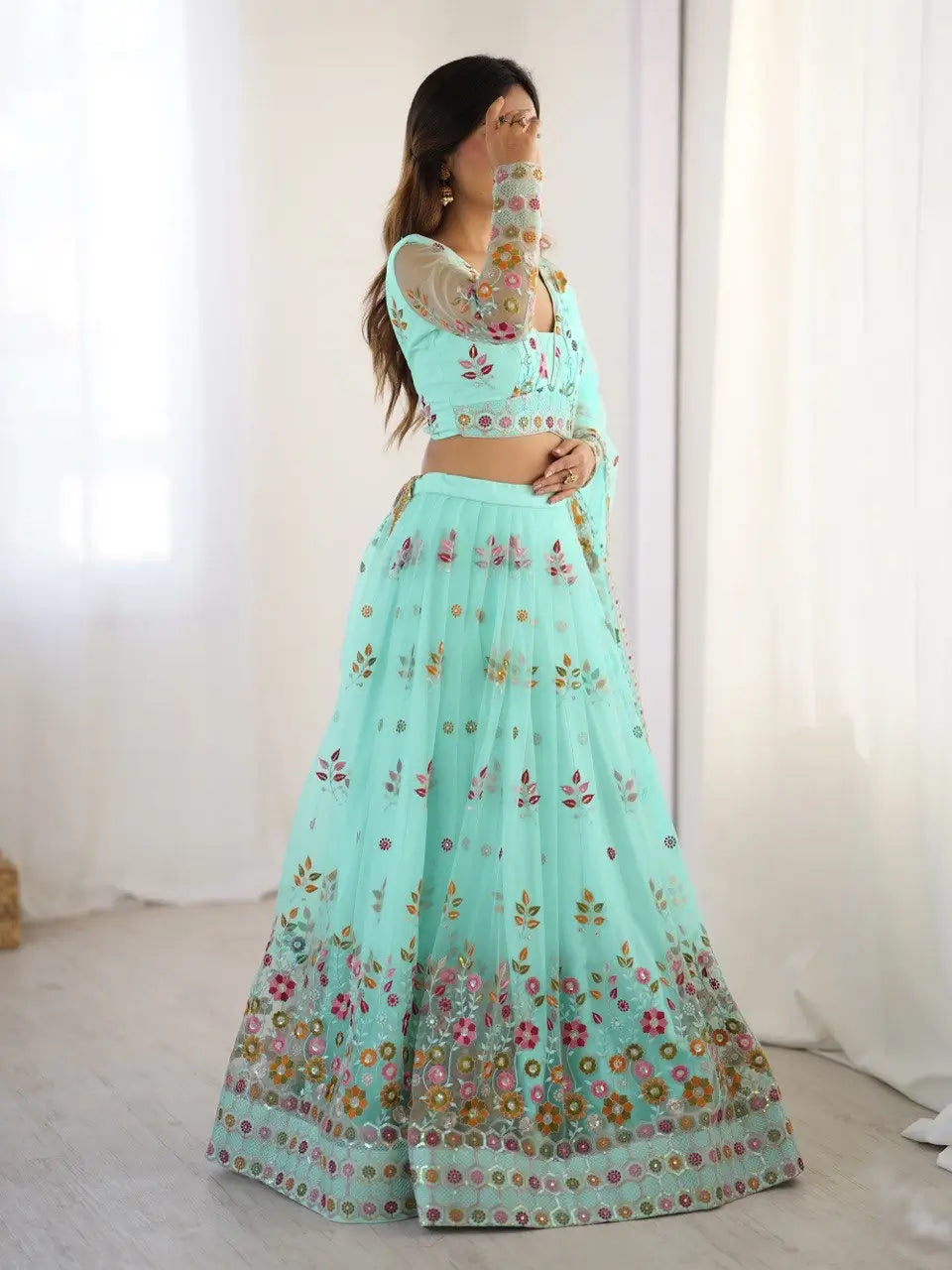 Light Cyan Soft Net Lehenga With Thread & Sequins Embroidery Work - qivii