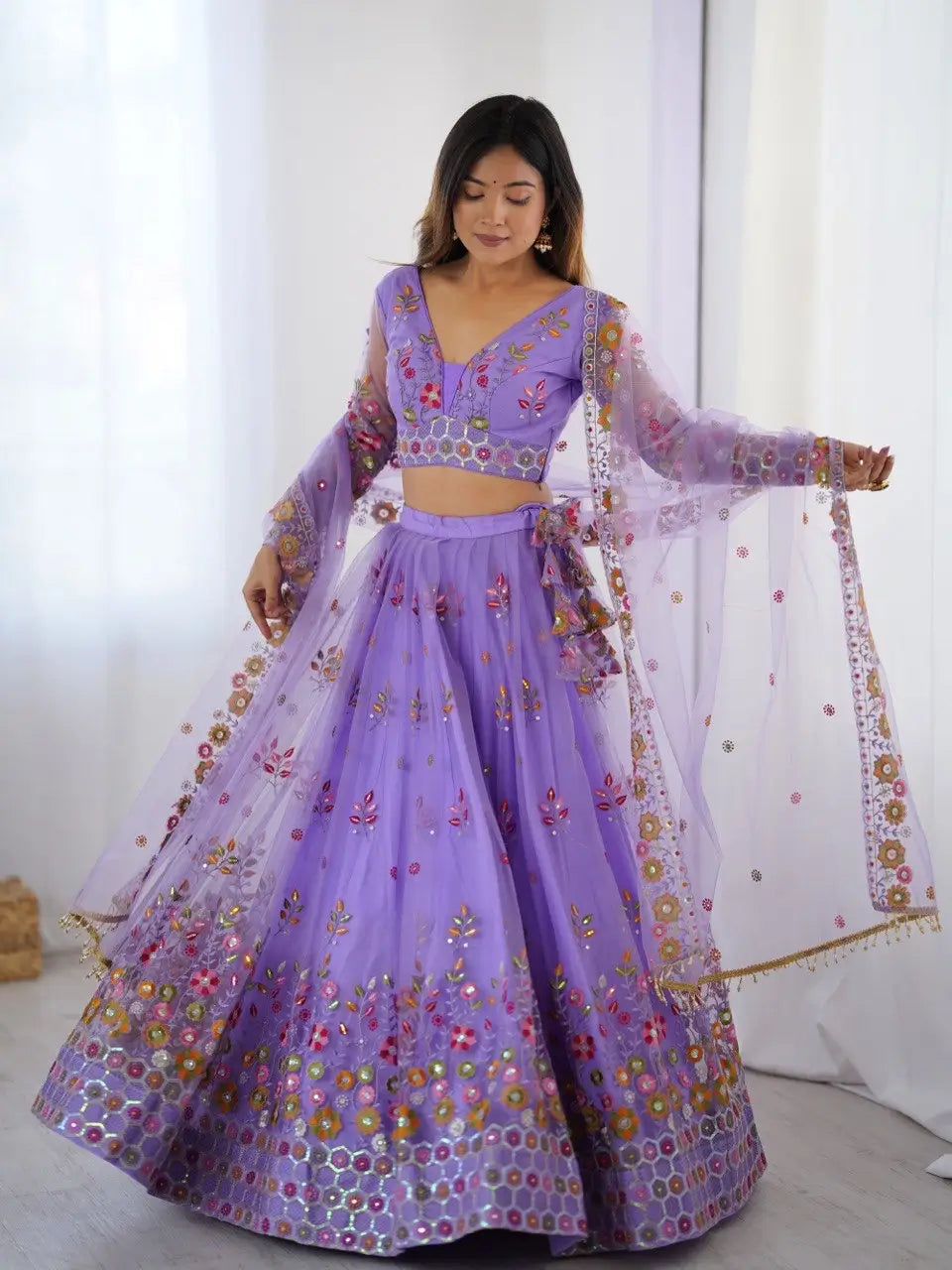Lavender Soft Net Lehenga With Thread & Sequins Embroidery Work - qivii