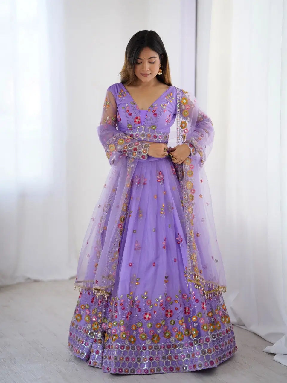 Lavender Soft Net Lehenga With Thread & Sequins Embroidery Work - qivii