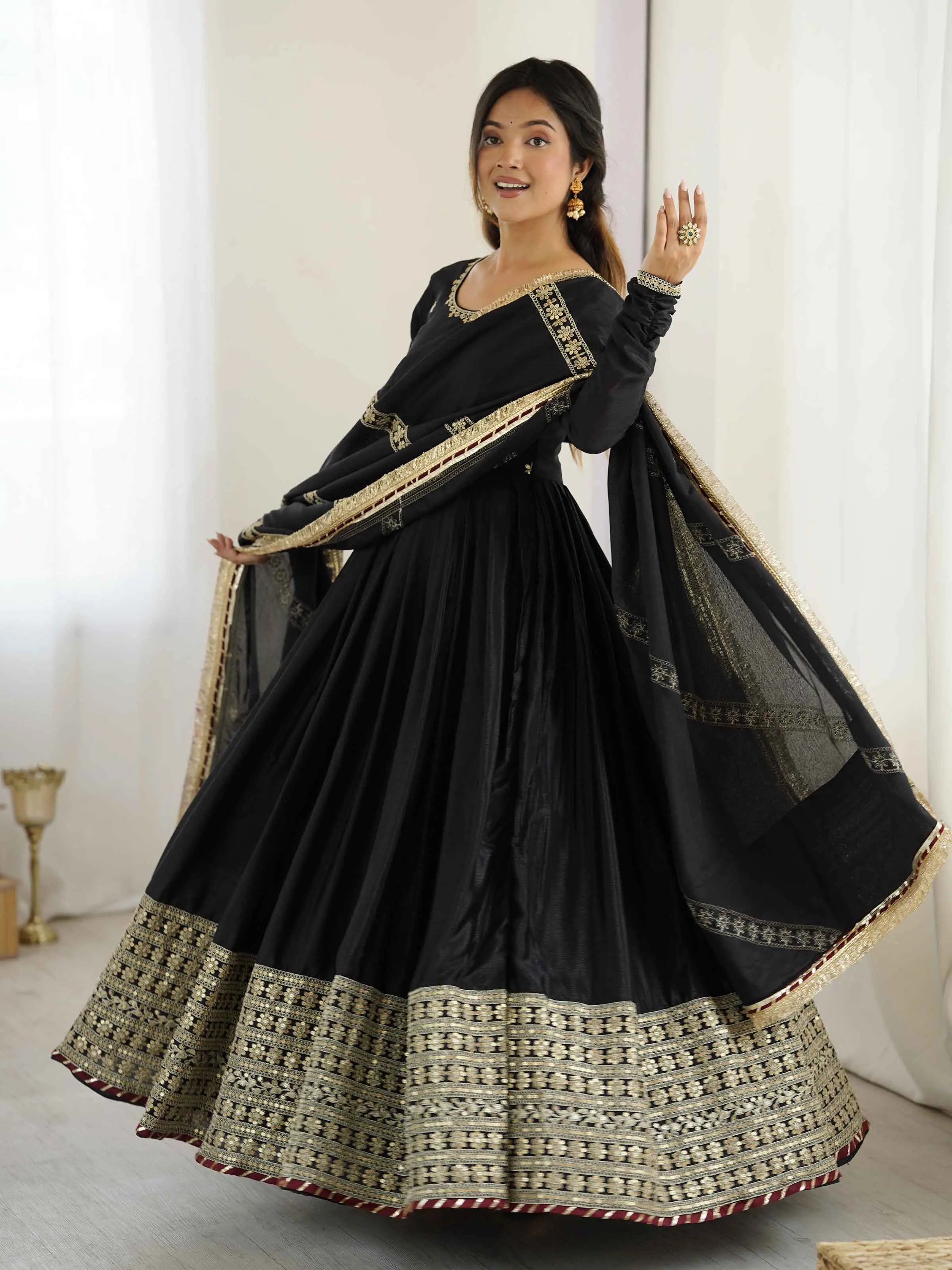 Black Sequins Embroidery Work Silk Gown