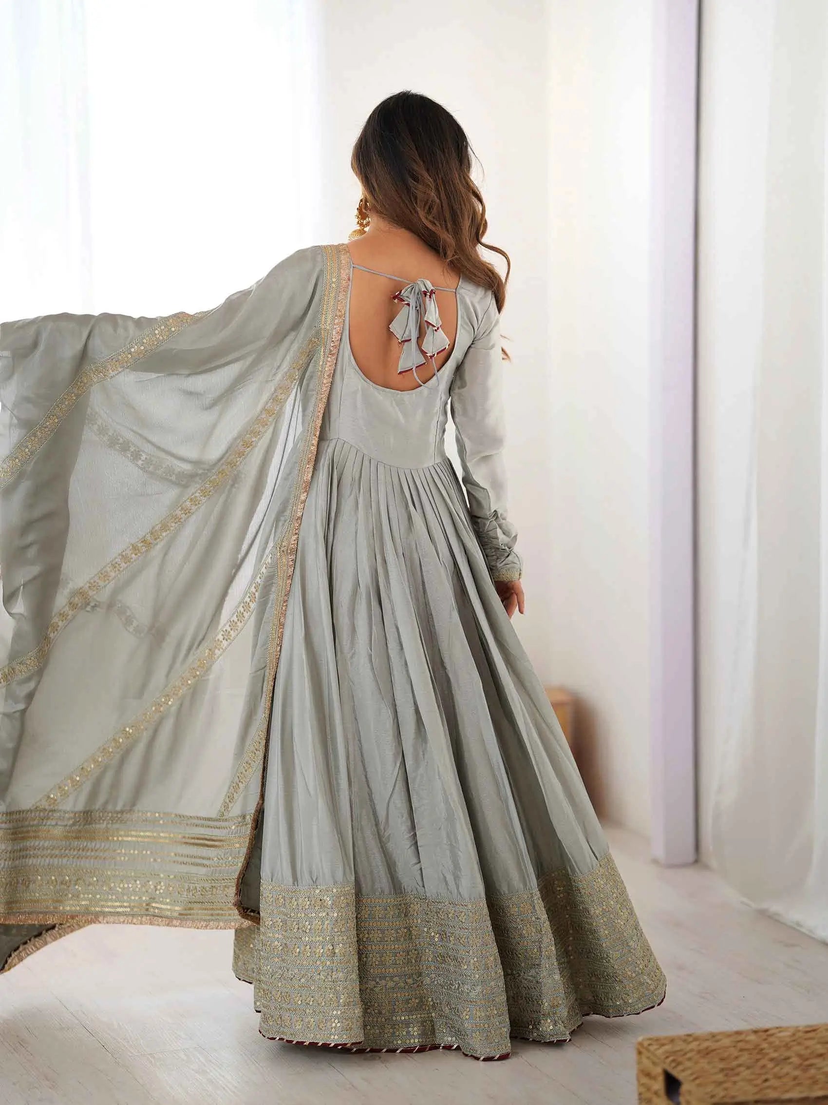 Olive Grey Sequins Embroidery Work Gown