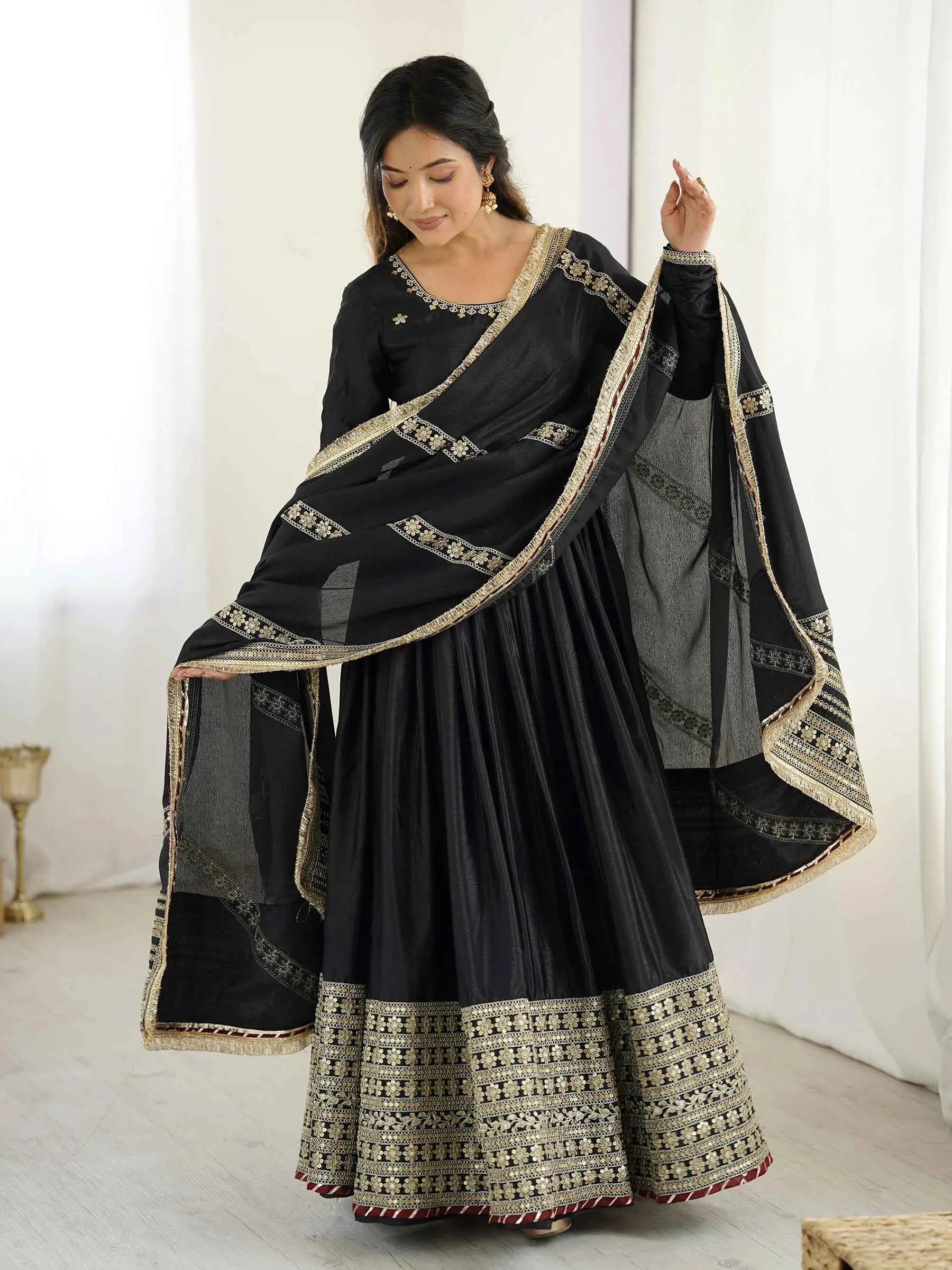 Black Sequins Embroidery Work Silk Gown