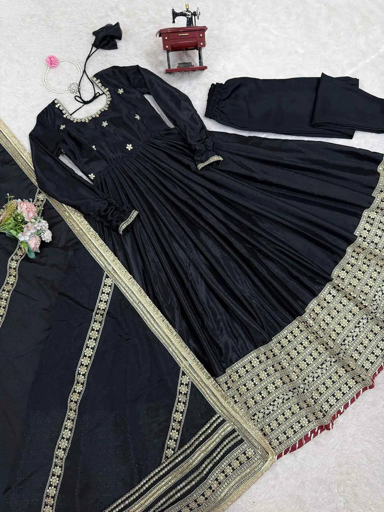 Black Sequins Embroidery Work Silk Gown