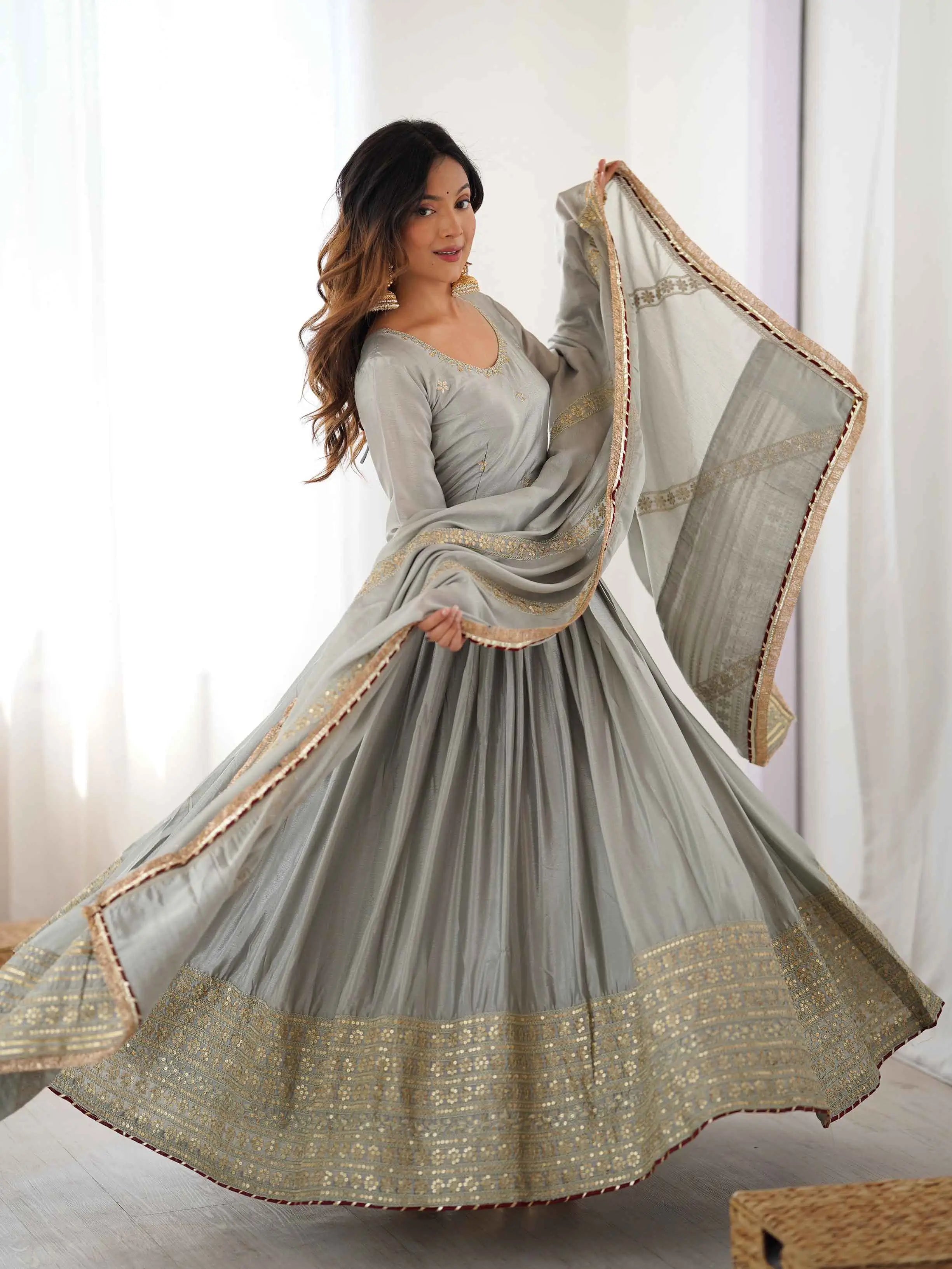 Olive Grey Sequins Embroidery Work Gown