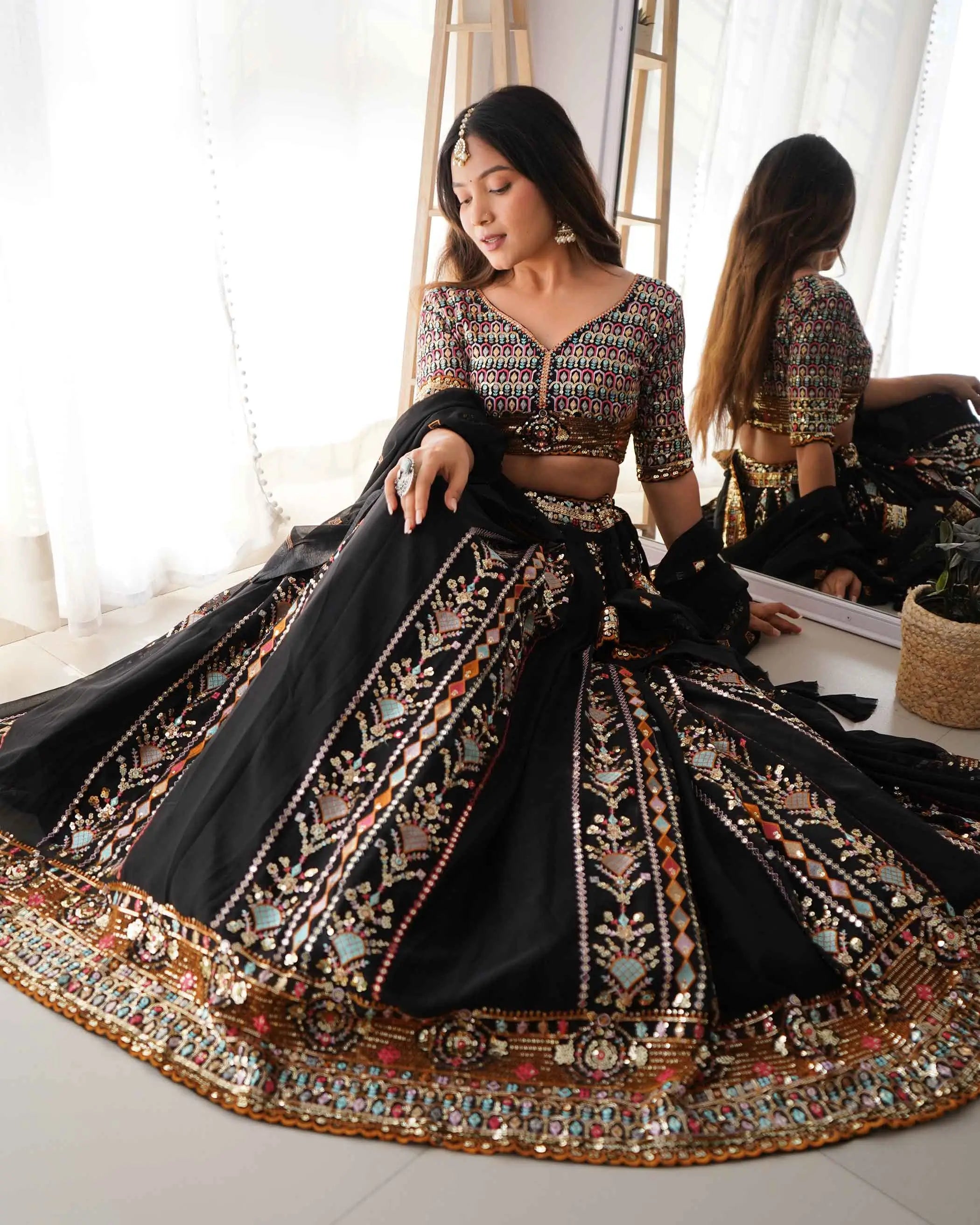 Bold in Black Heavy Sequins & Thread Embroidery Work Lehenga And Dupatta