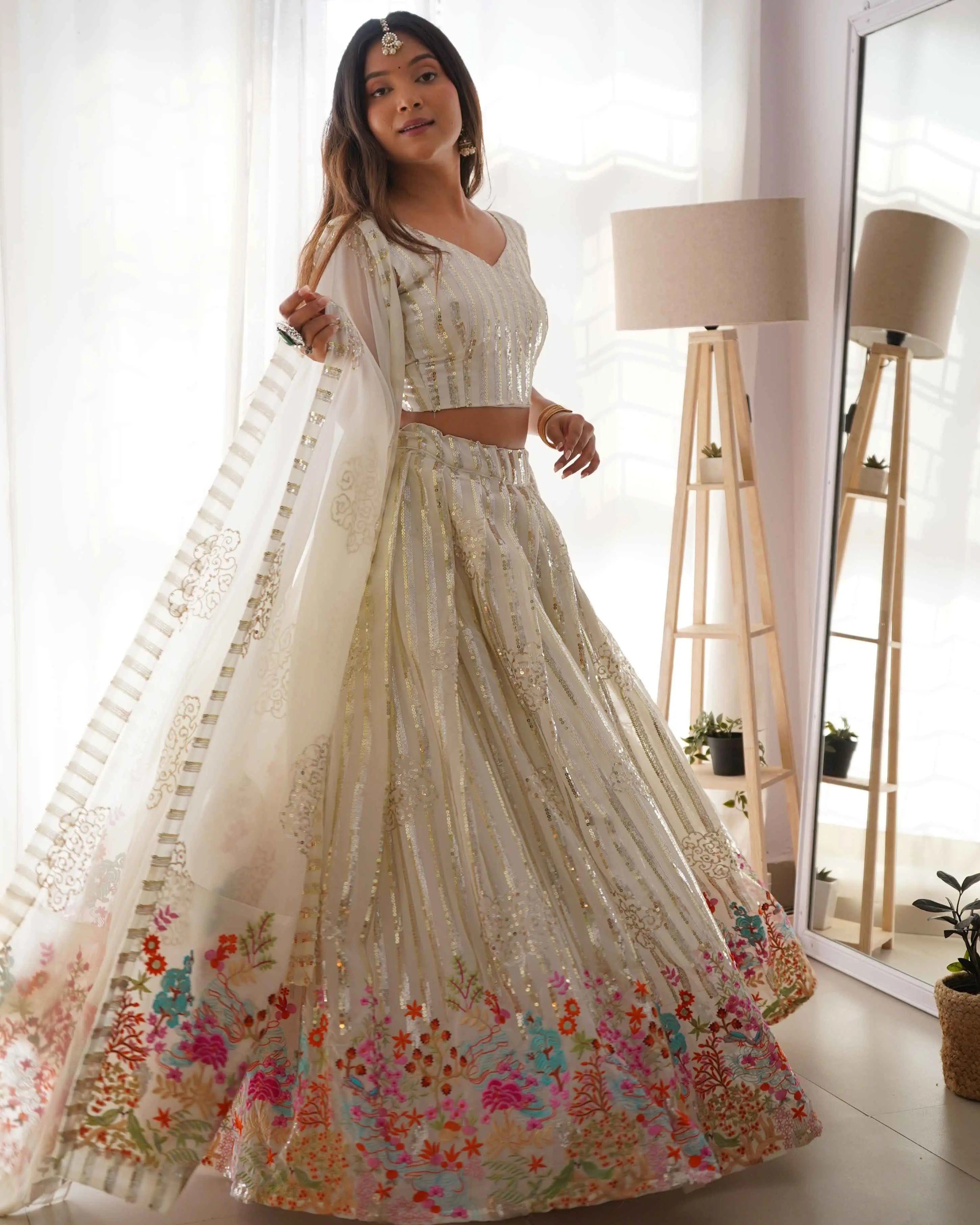 White Heavy Sequins & Multi Thread Embroidery Work Lehenga And Dupatta - qivii