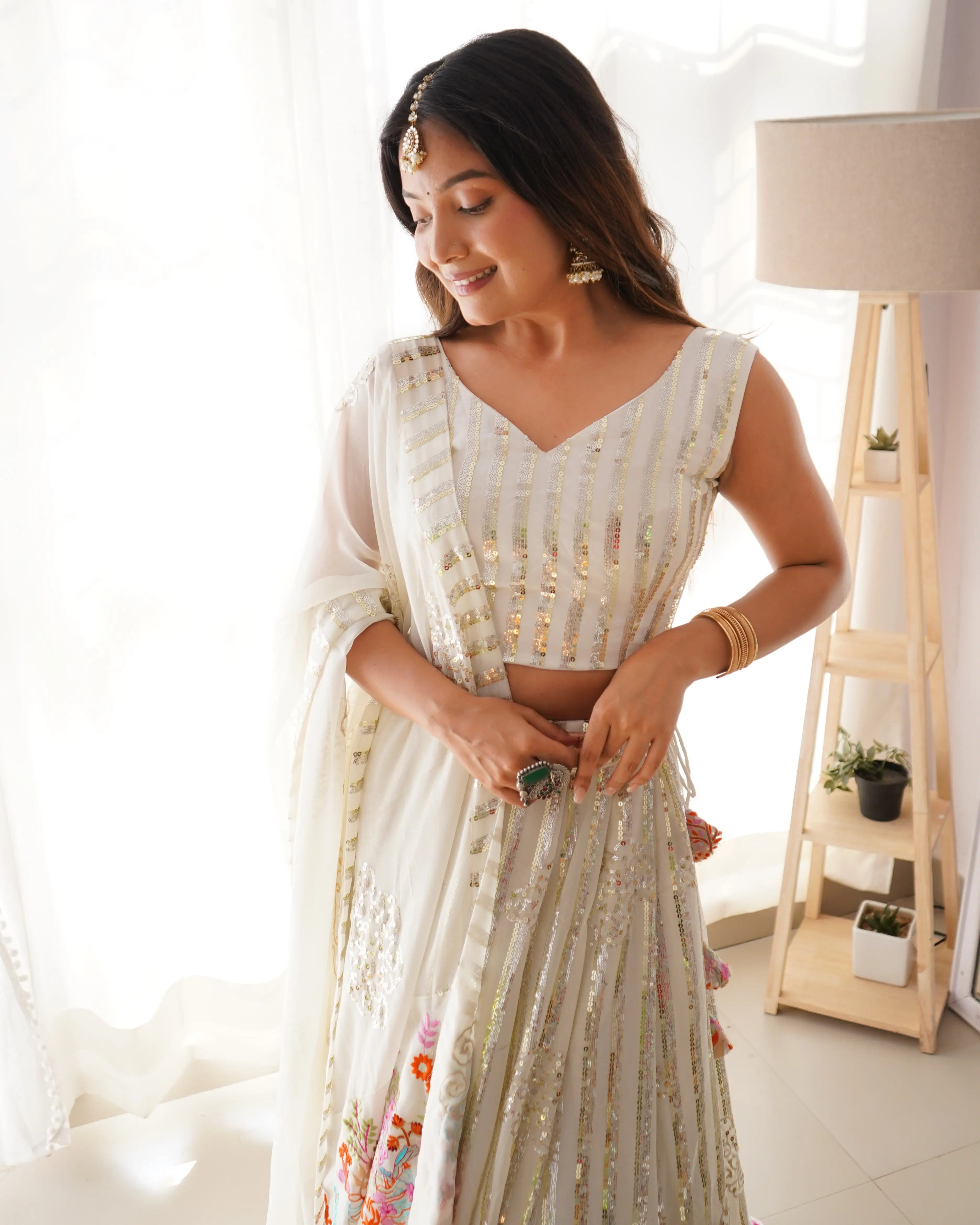 White Heavy Sequins & Multi Thread Embroidery Work Lehenga And Dupatta - qivii