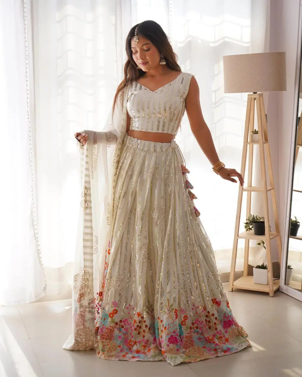 White Heavy Sequins & Multi Thread Embroidery Work Lehenga And Dupatta - qivii