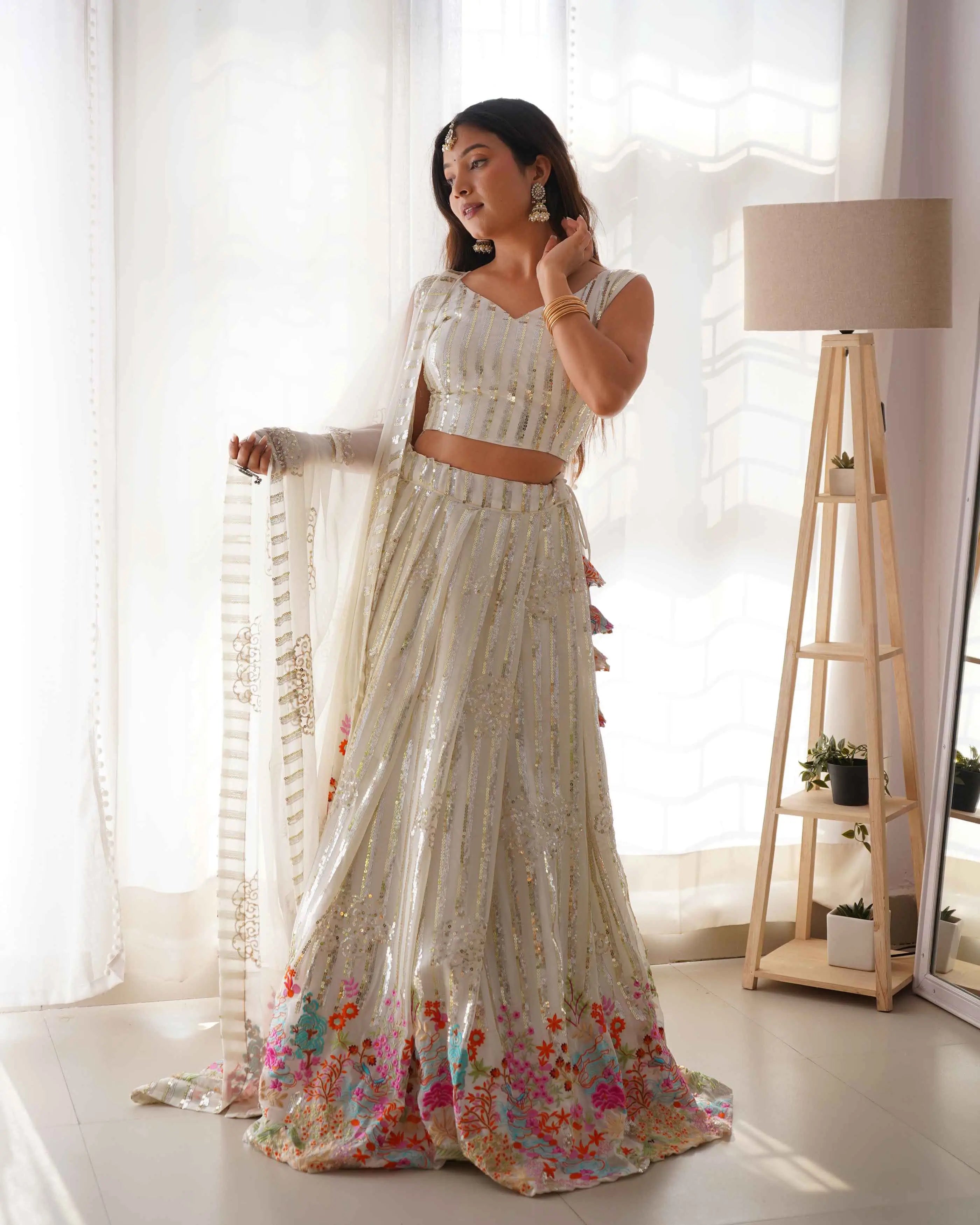 White Heavy Sequins & Multi Thread Embroidery Work Lehenga And Dupatta - qivii
