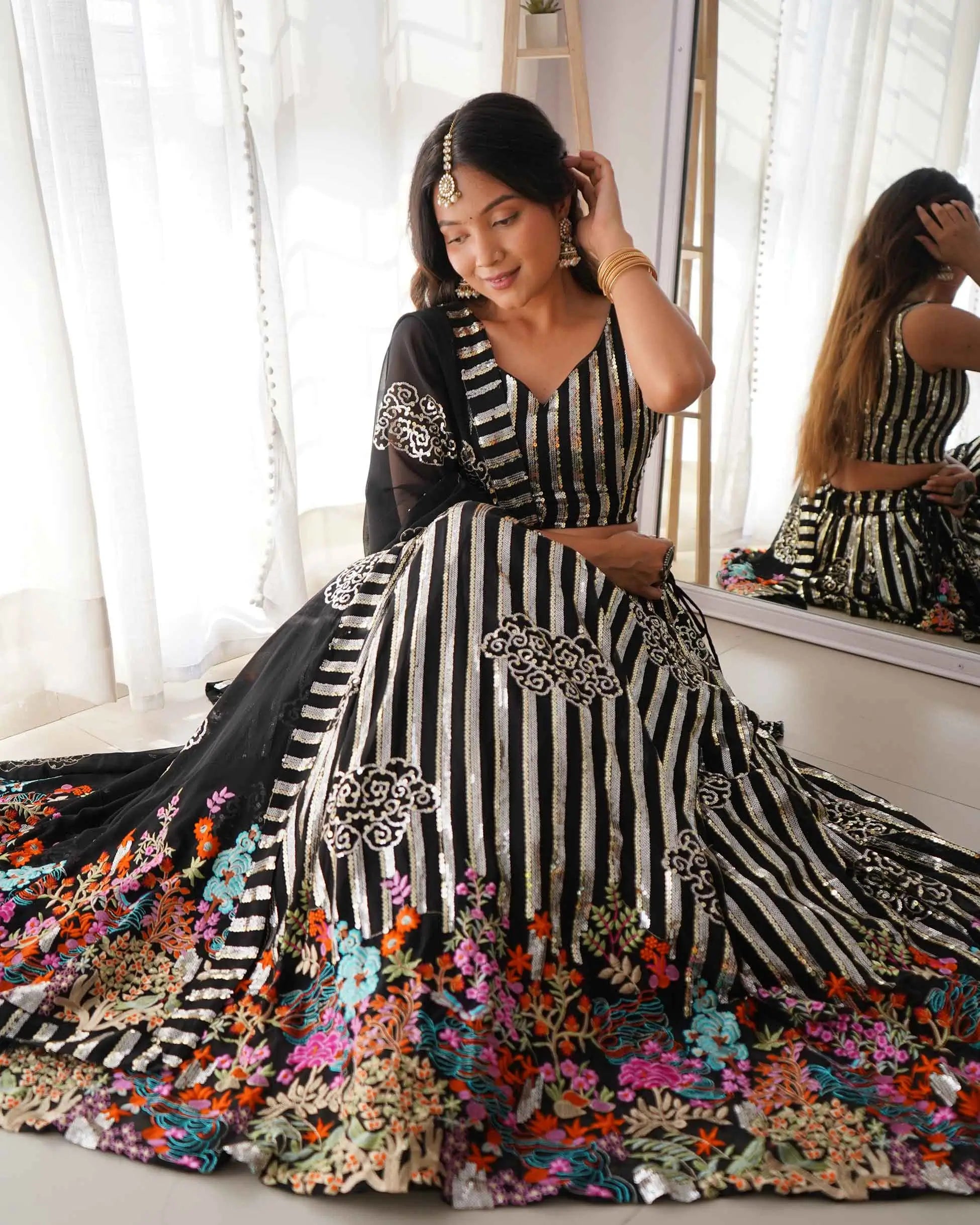 Black Heavy Sequins & Multi Thread Embroidery Work Lehenga And Dupatta - qivii