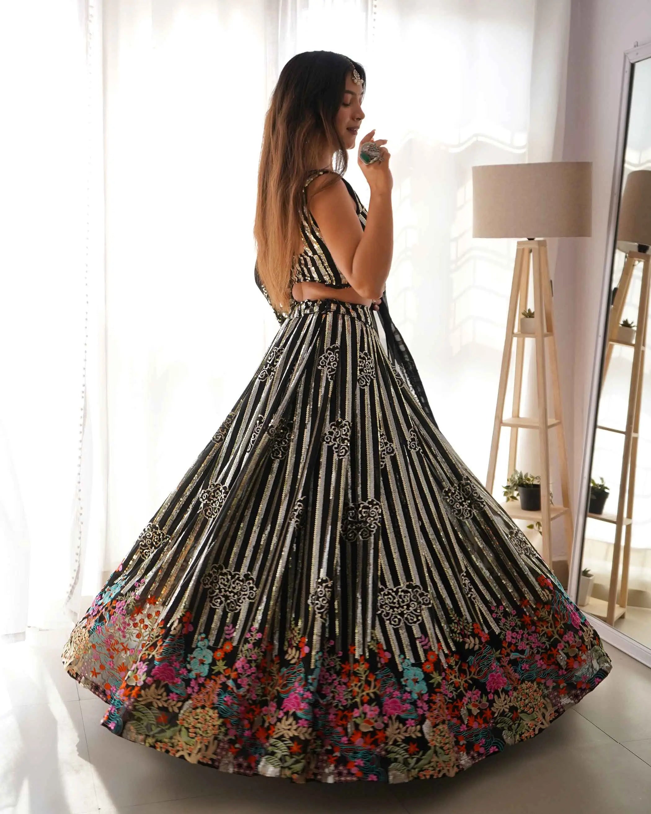 Black Heavy Sequins & Multi Thread Embroidery Work Lehenga And Dupatta - qivii