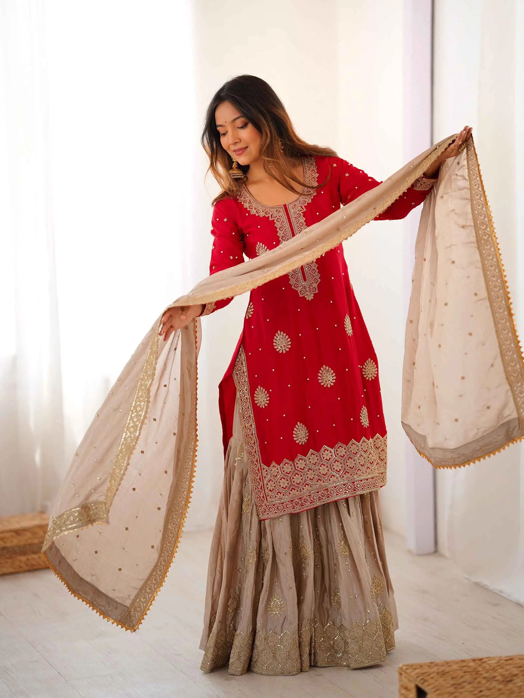 Red Pearl Sequins Embroidery Sharara Suit
