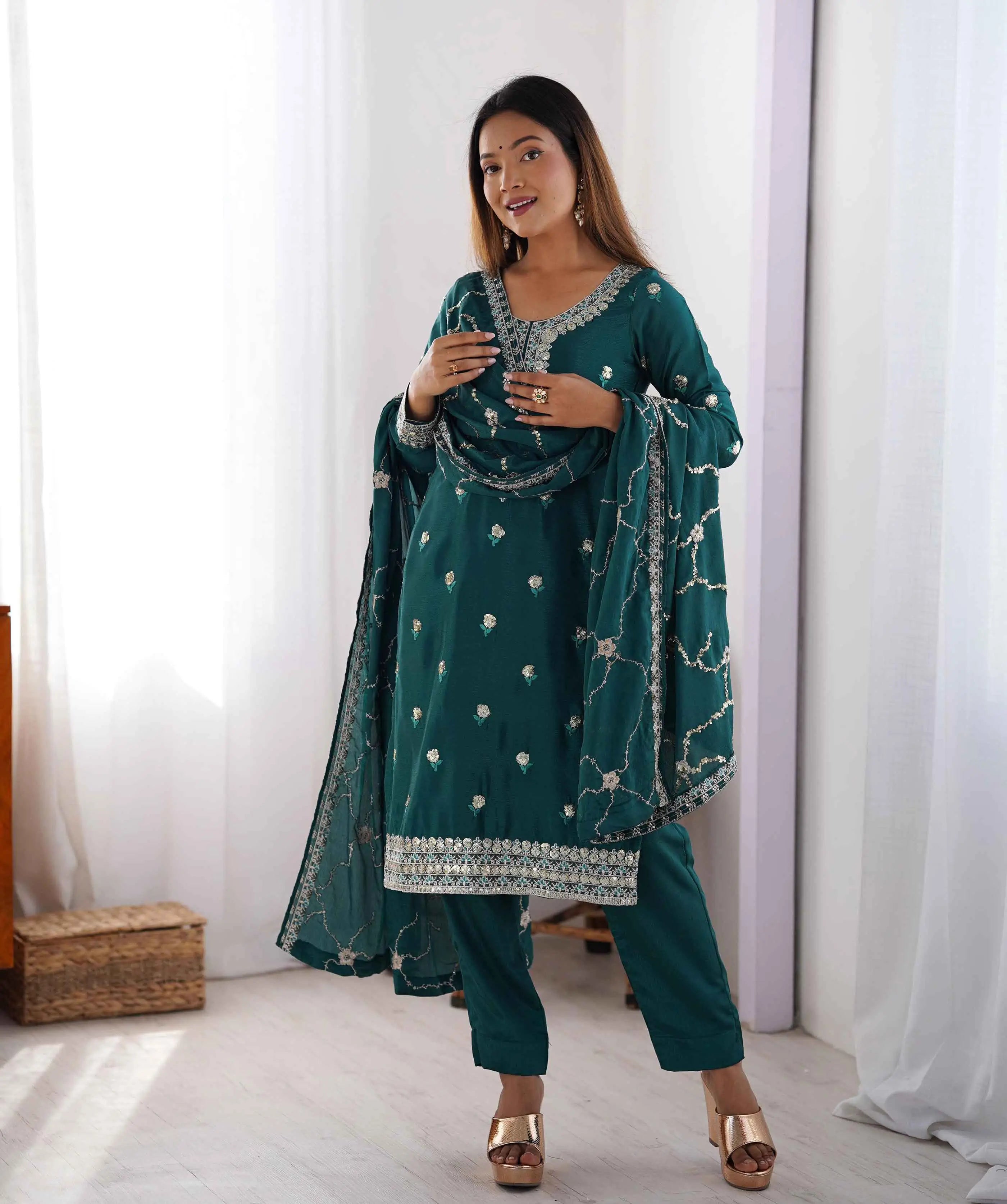 Dark Teal Blue Sequins Embroidery Work Salwar Suit With Dupatta - qivii