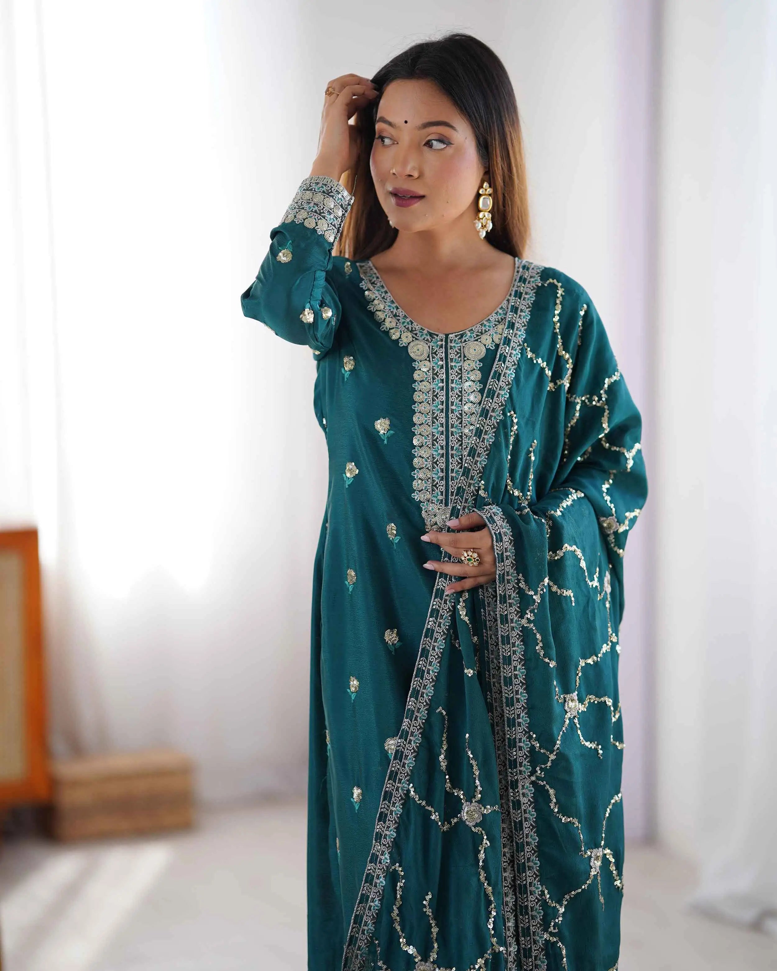 Dark Teal Blue Sequins Embroidery Work Salwar Suit With Dupatta - qivii