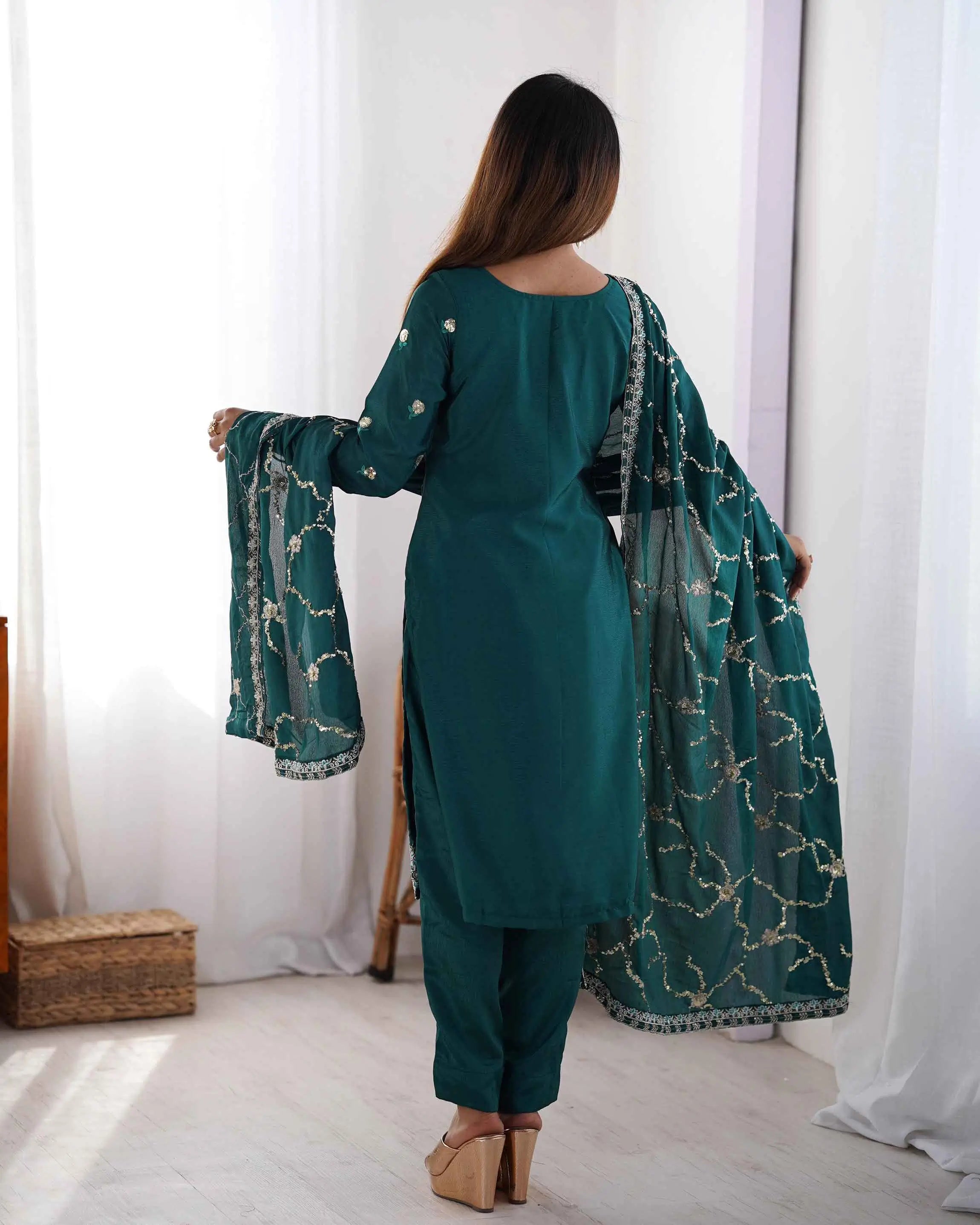 Dark Teal Blue Sequins Embroidery Work Salwar Suit With Dupatta - qivii