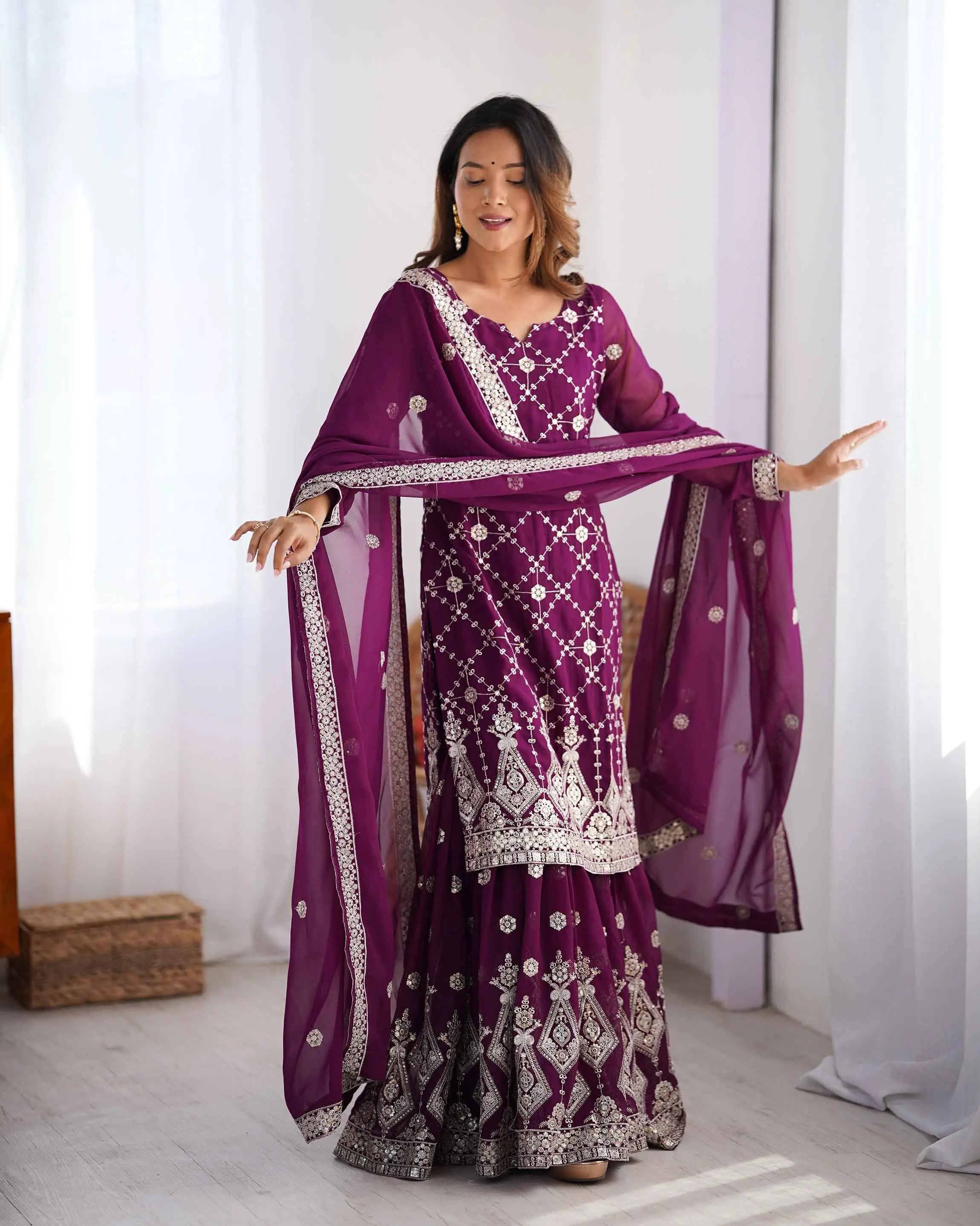 Wine Berry Sequins Embroidery Work Sharara Set With Dupatta - qivii
