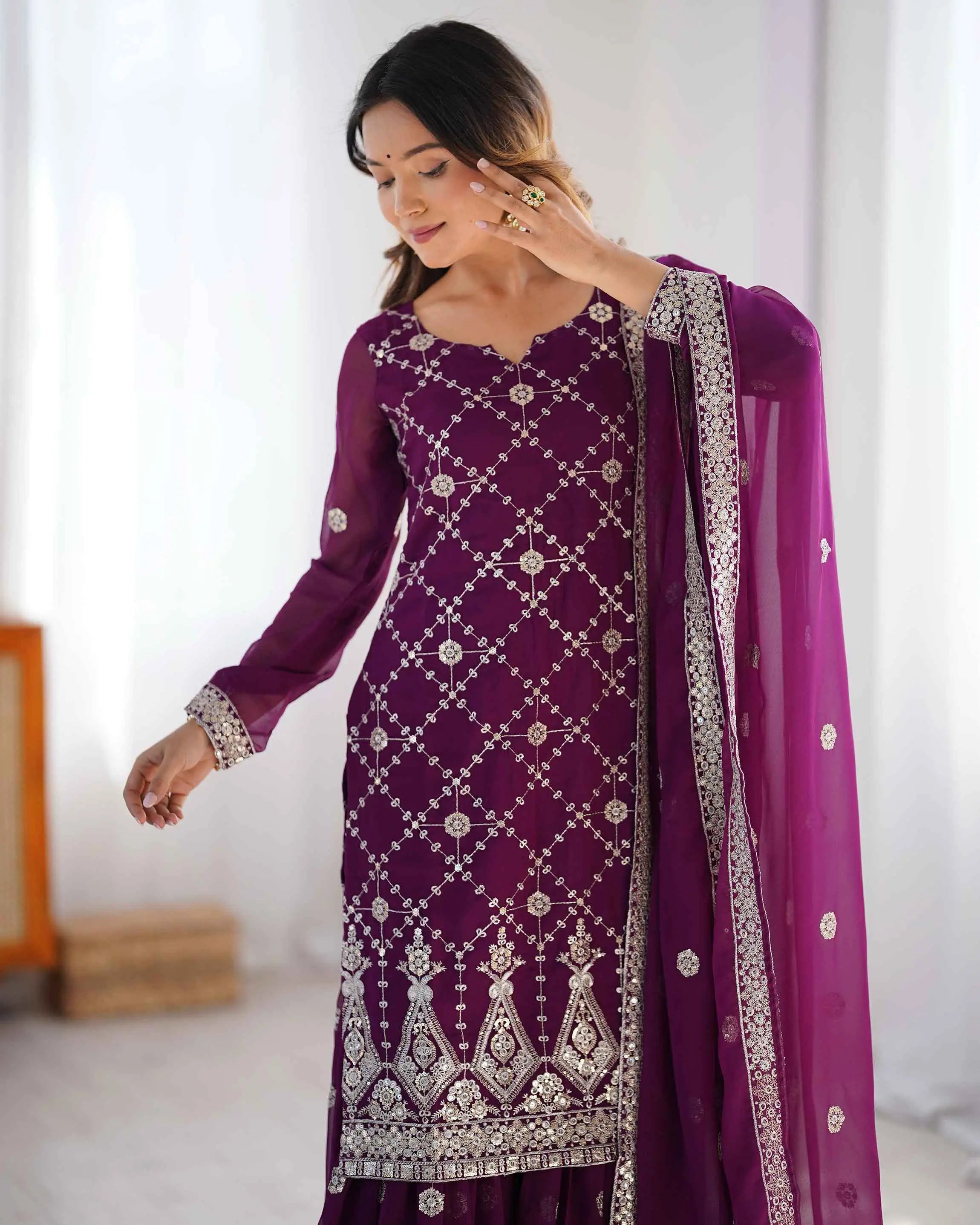 Wine Berry Sequins Embroidery Work Sharara Set With Dupatta - qivii