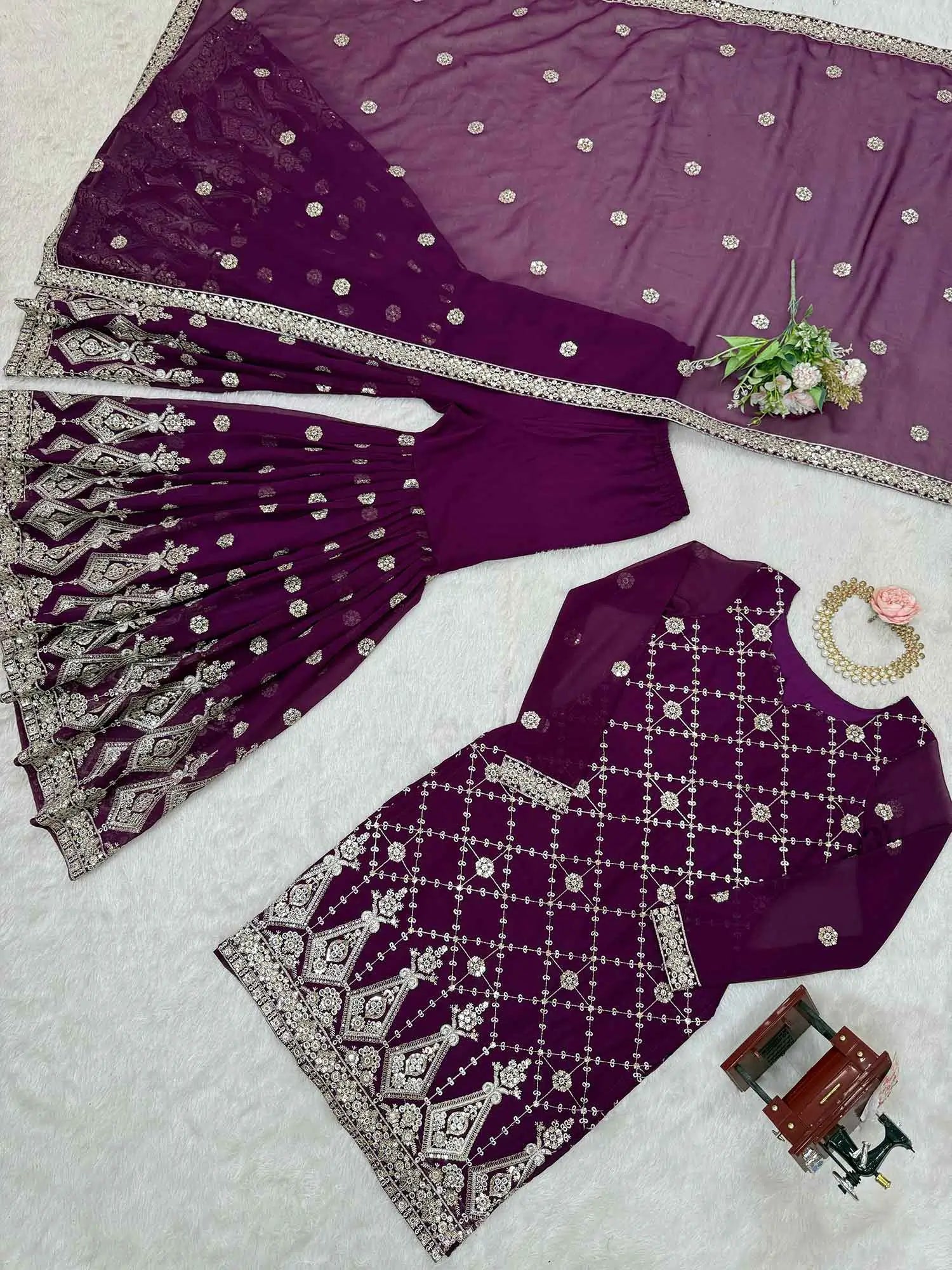 Wine Berry Sequins Embroidery Work Sharara Set With Dupatta - qivii