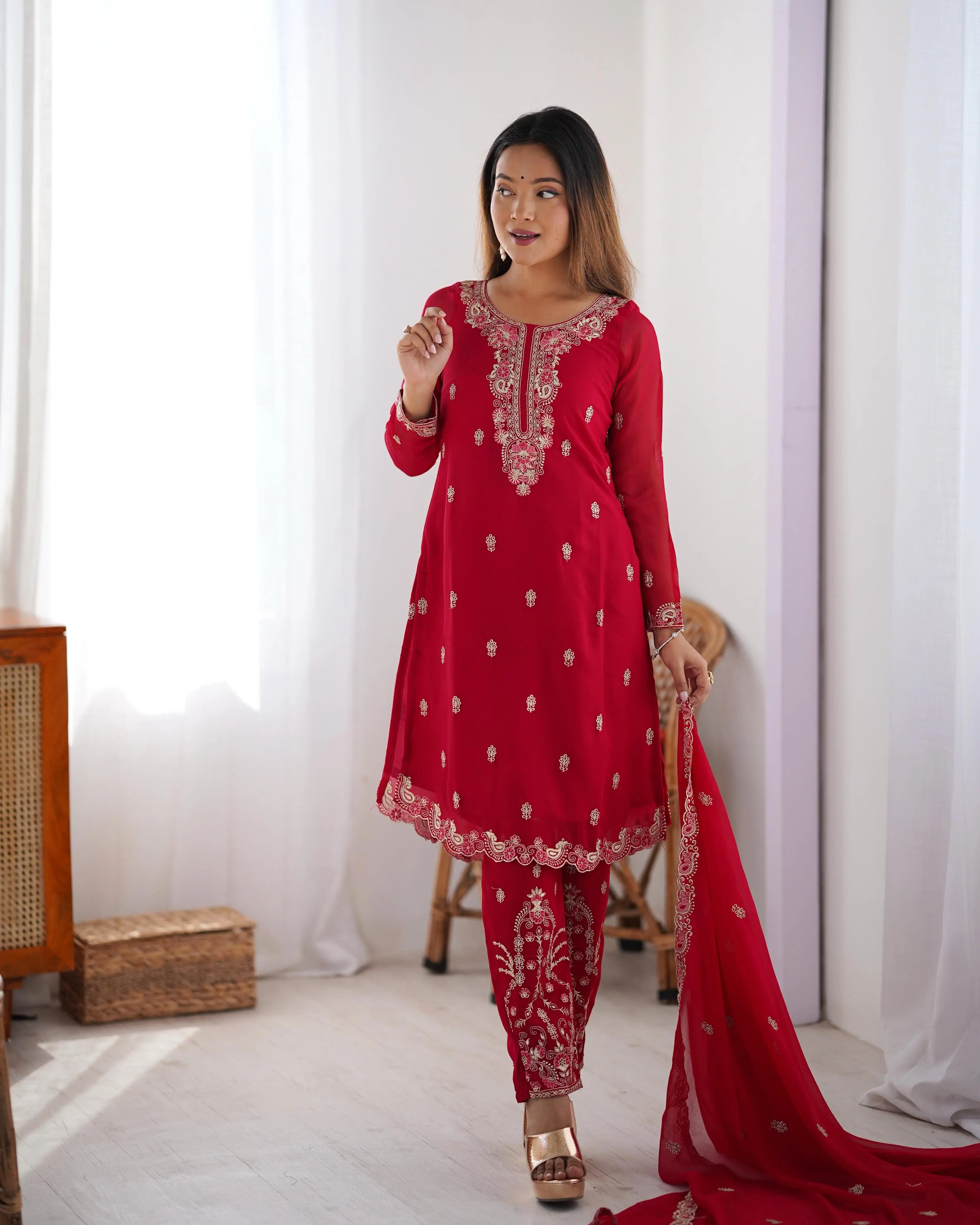 Claret Red Thread Embroidery Work Salwar Suit With Dupatta - qivii
