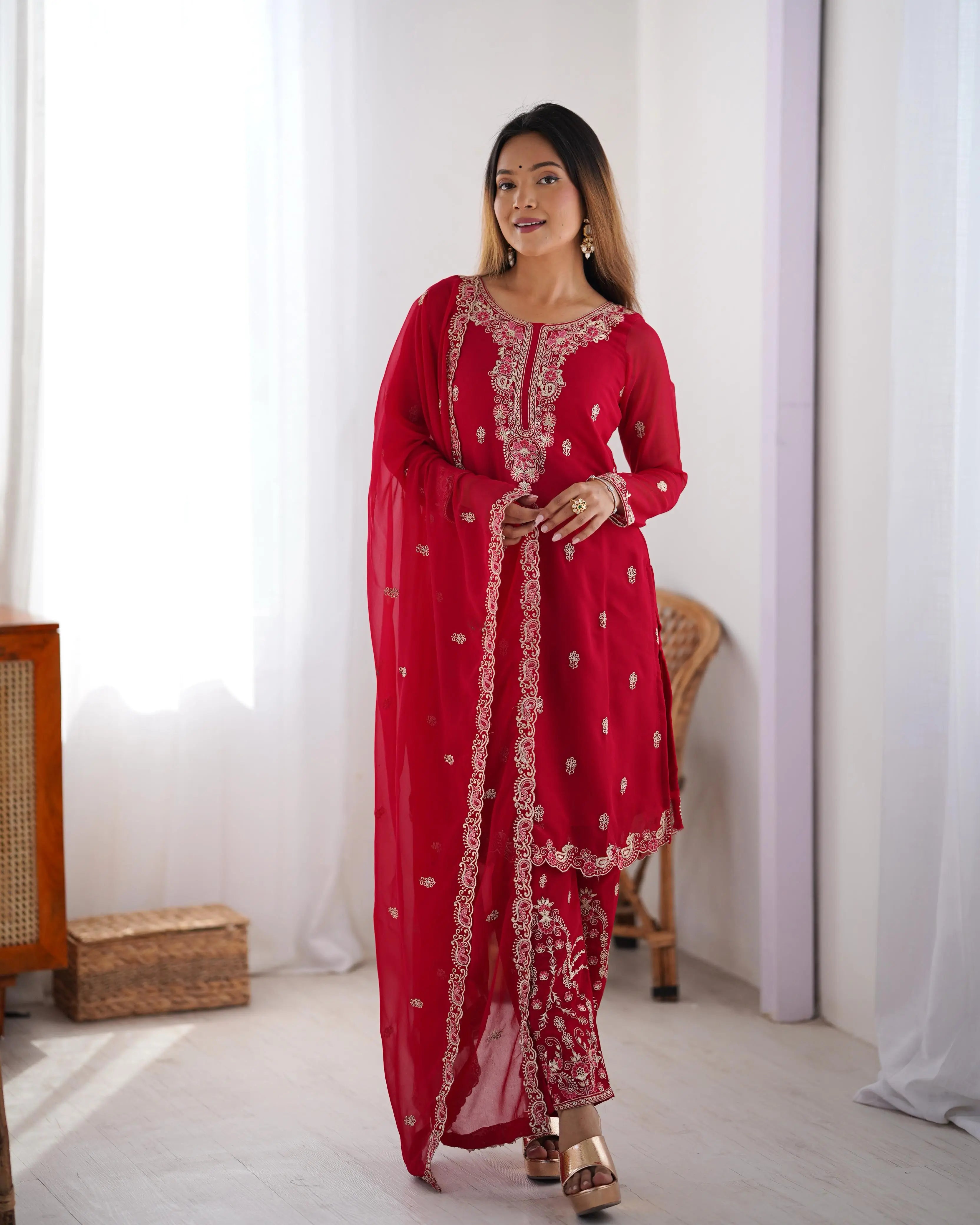 Claret Red Thread Embroidery Work Salwar Suit With Dupatta - qivii
