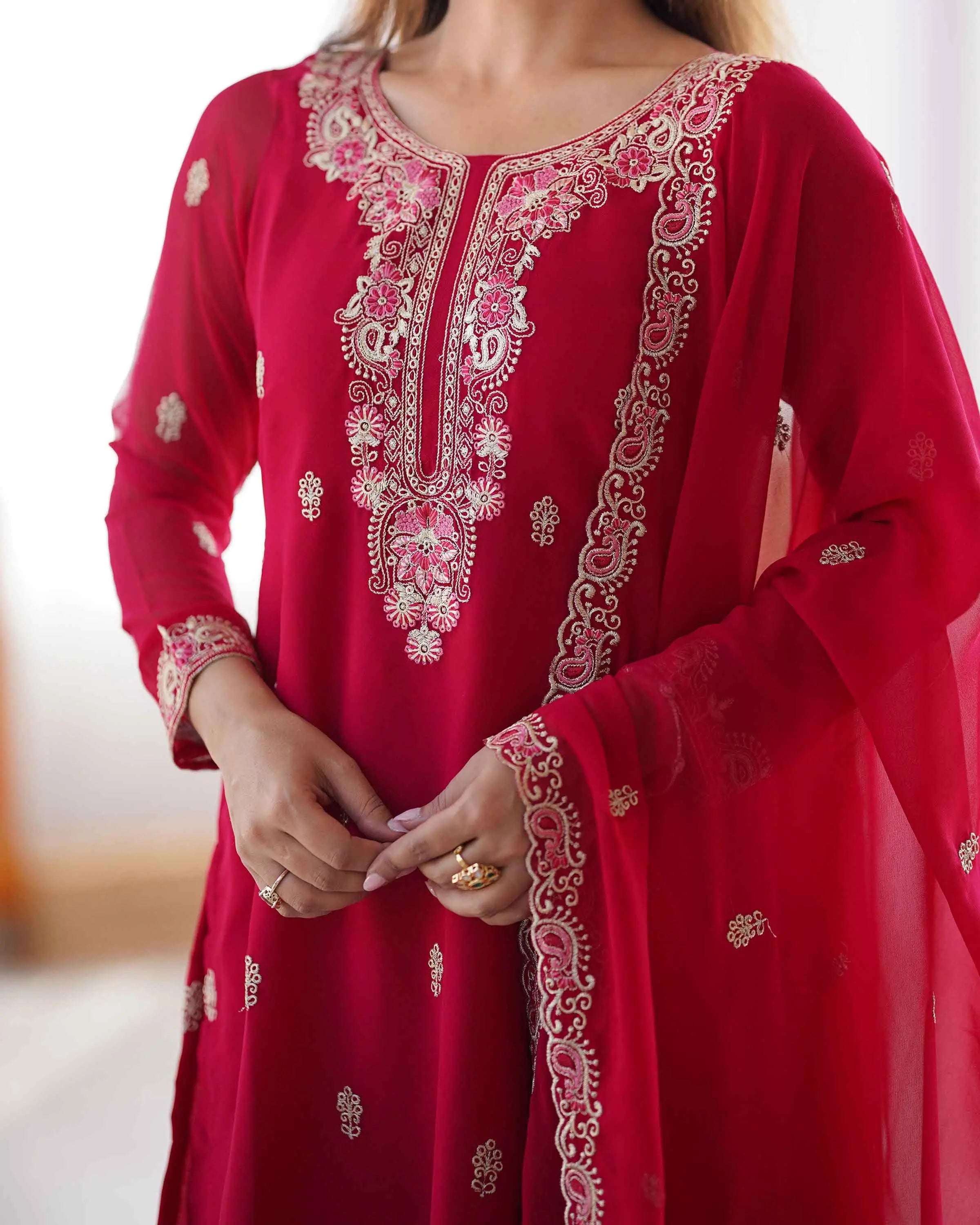 Claret Red Thread Embroidery Work Salwar Suit With Dupatta - qivii