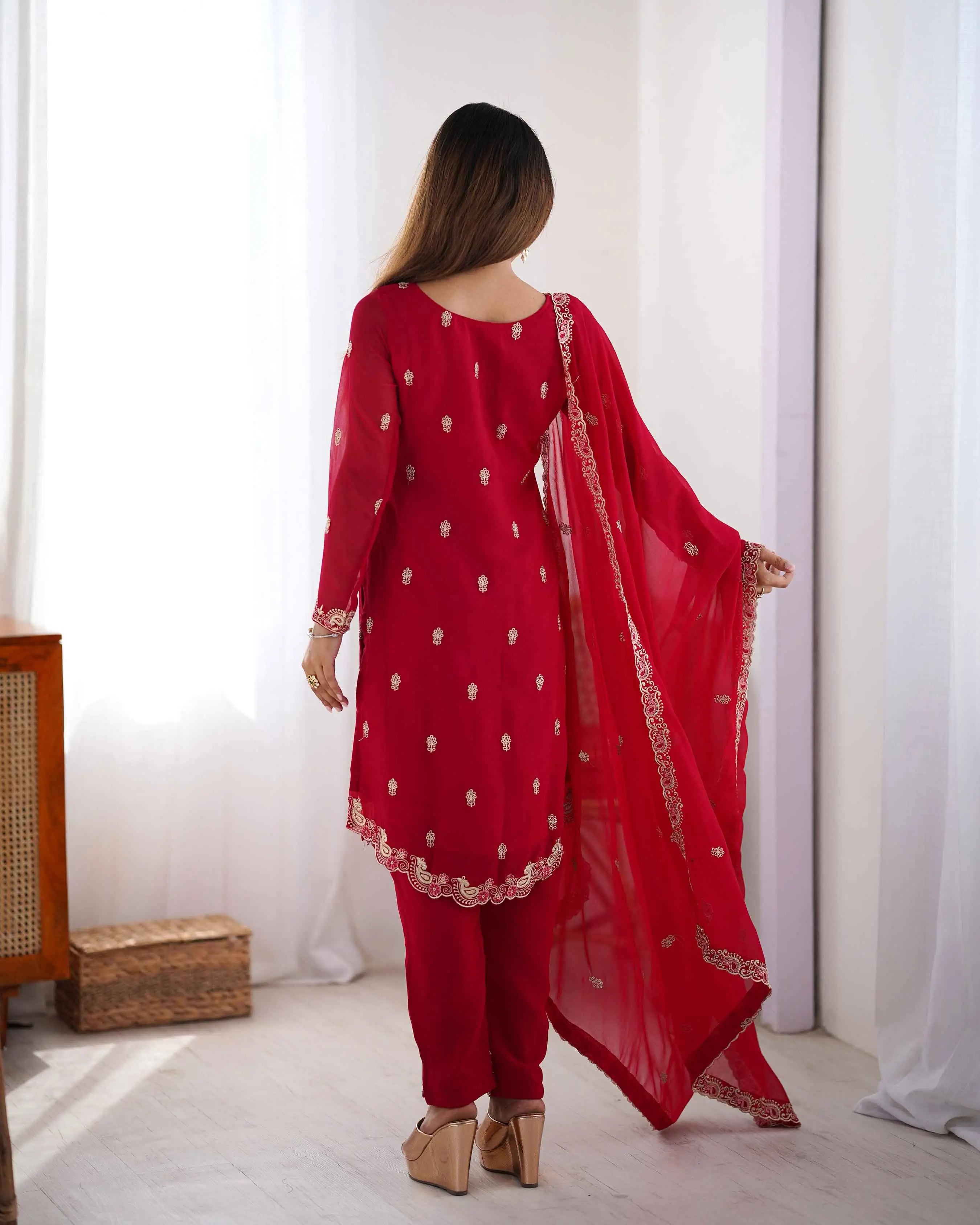 Claret Red Thread Embroidery Work Salwar Suit With Dupatta - qivii