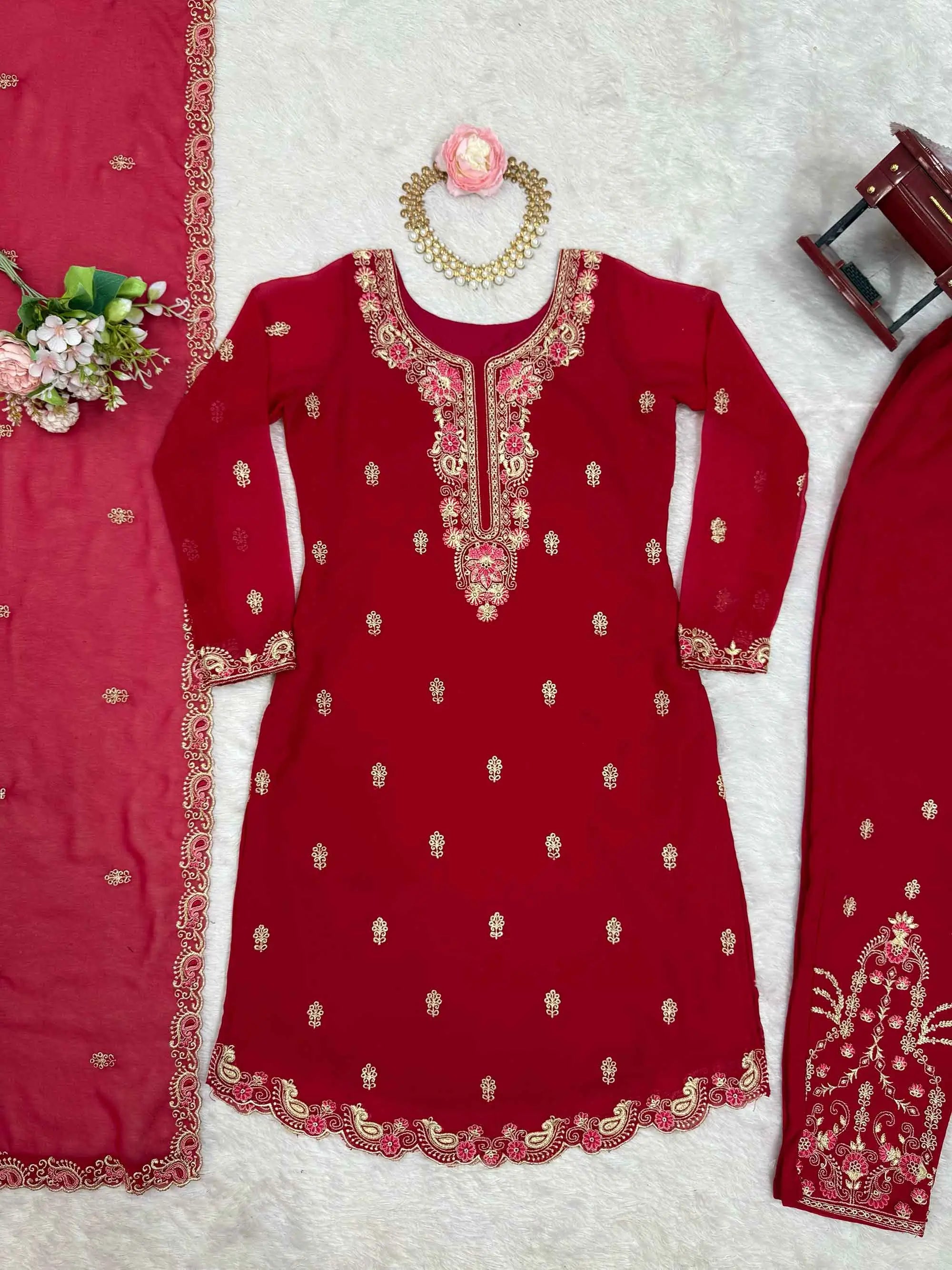 Claret Red Thread Embroidery Work Salwar Suit With Dupatta - qivii