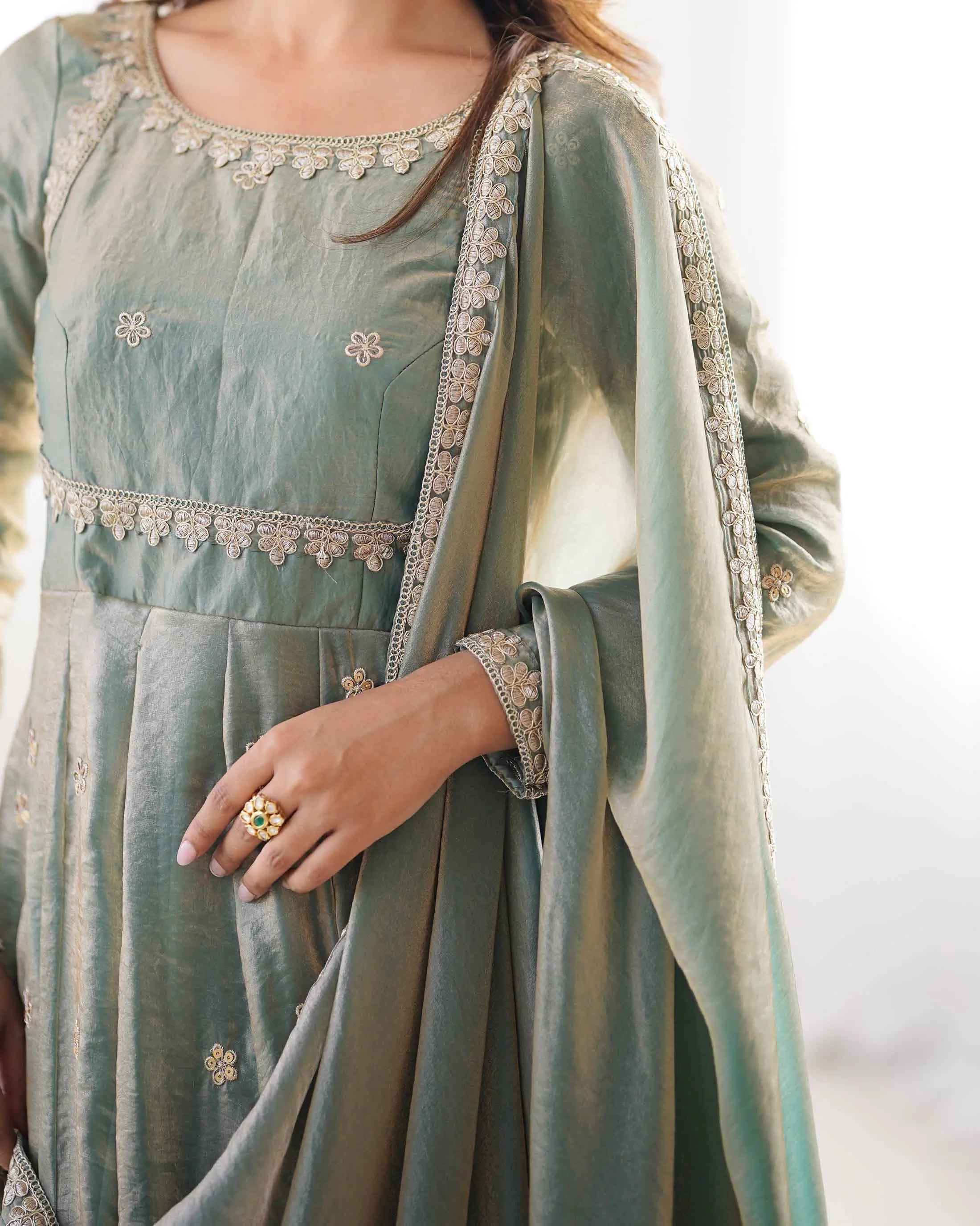 Designer Shiny Olive Green Cording Sequins Embroidery Work Gown With Dupatta