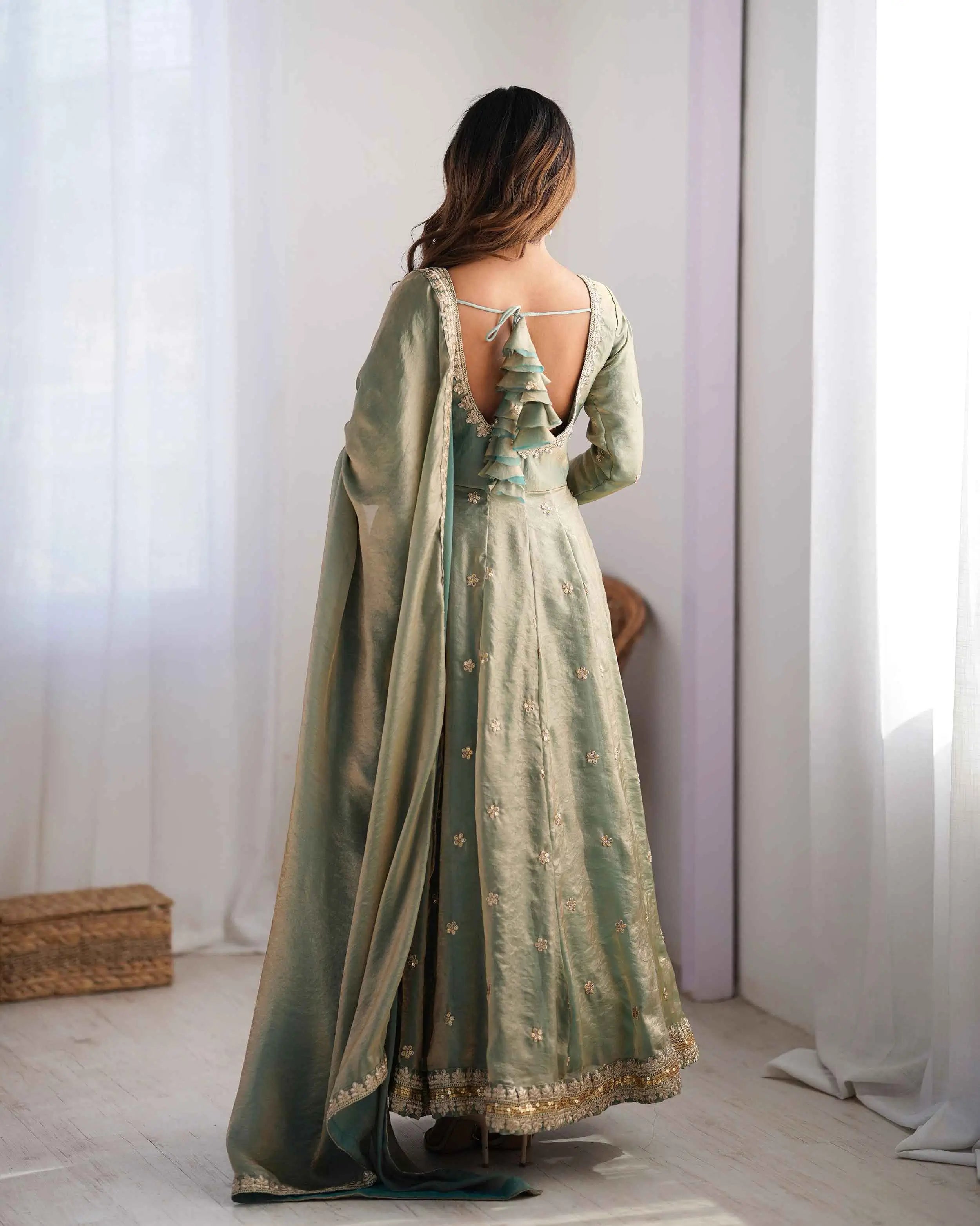 Designer Shiny Olive Green Cording Sequins Embroidery Work Gown With Dupatta - qivii
