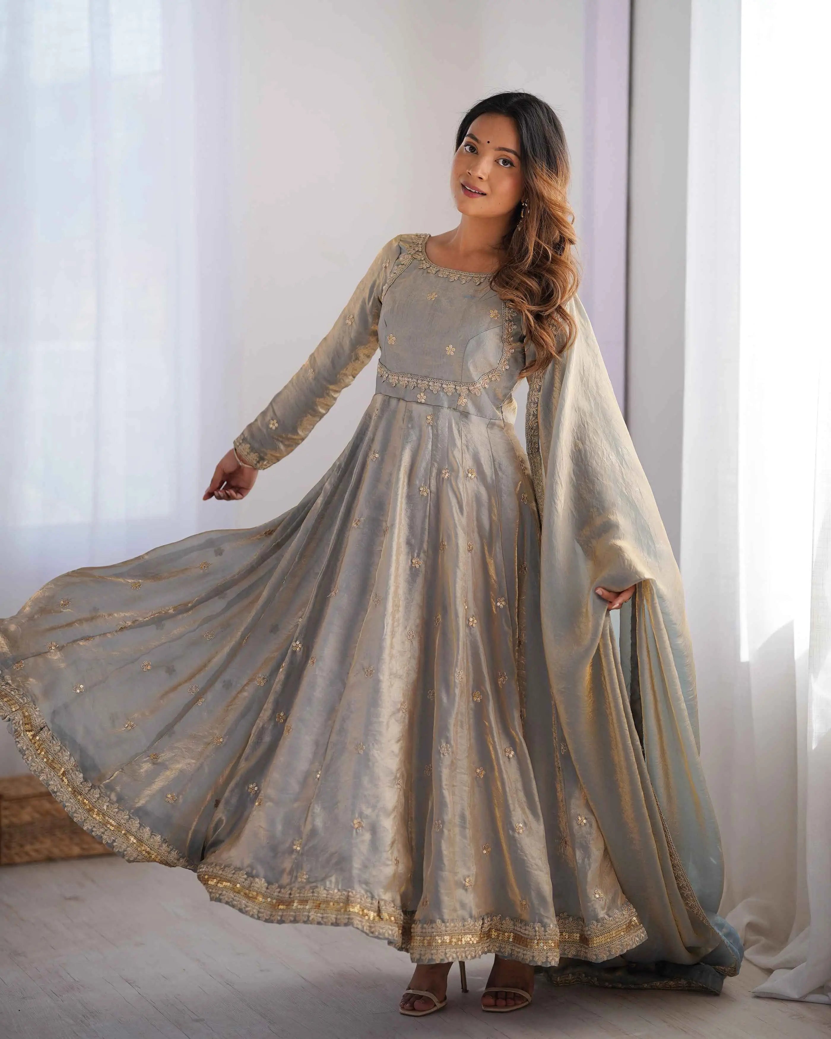 Silver Grey Cording Sequins Embroidery Work Designer Gown With Dupatta - qivii