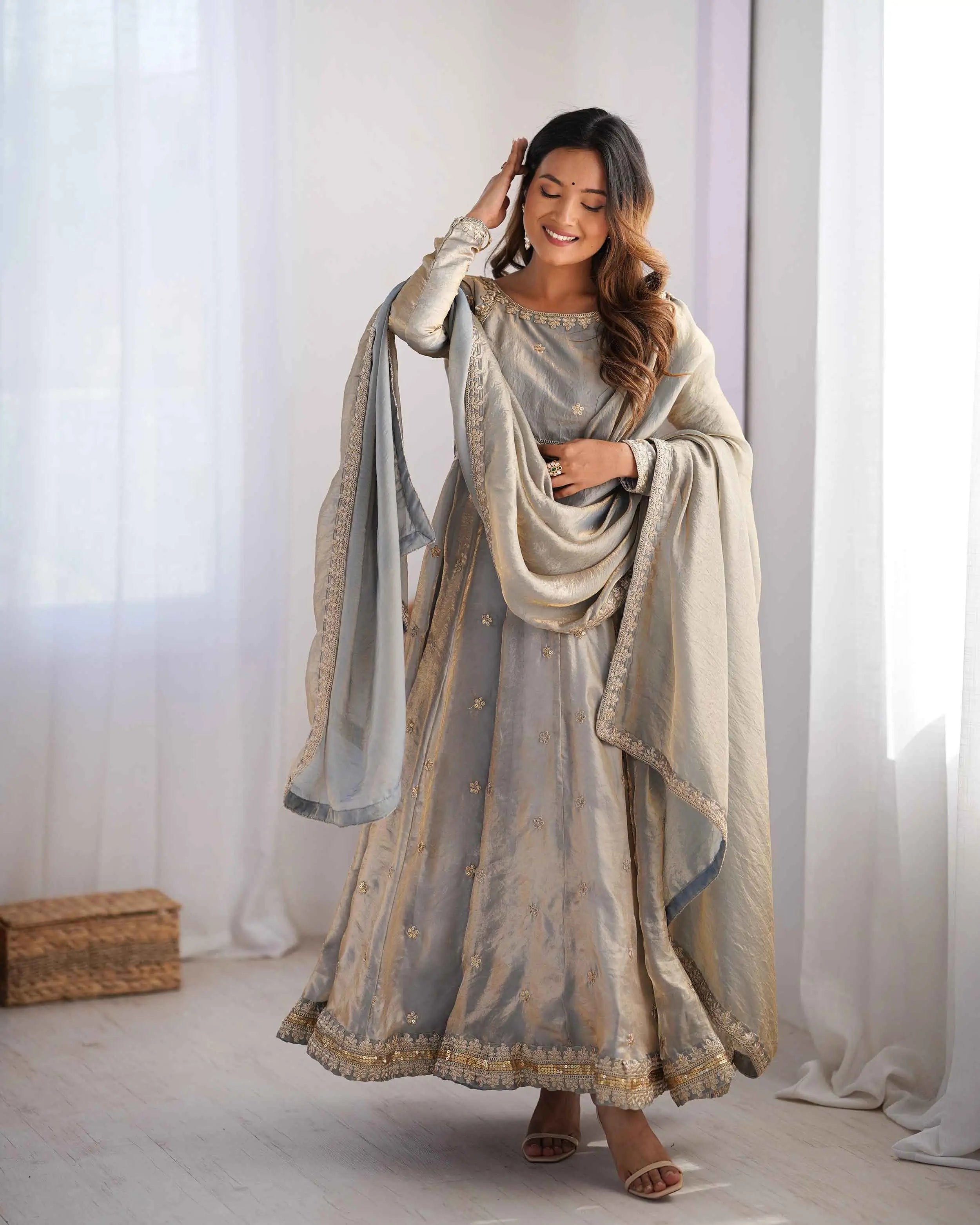 Silver Grey Cording Sequins Embroidery Work Designer Gown With Dupatta - qivii
