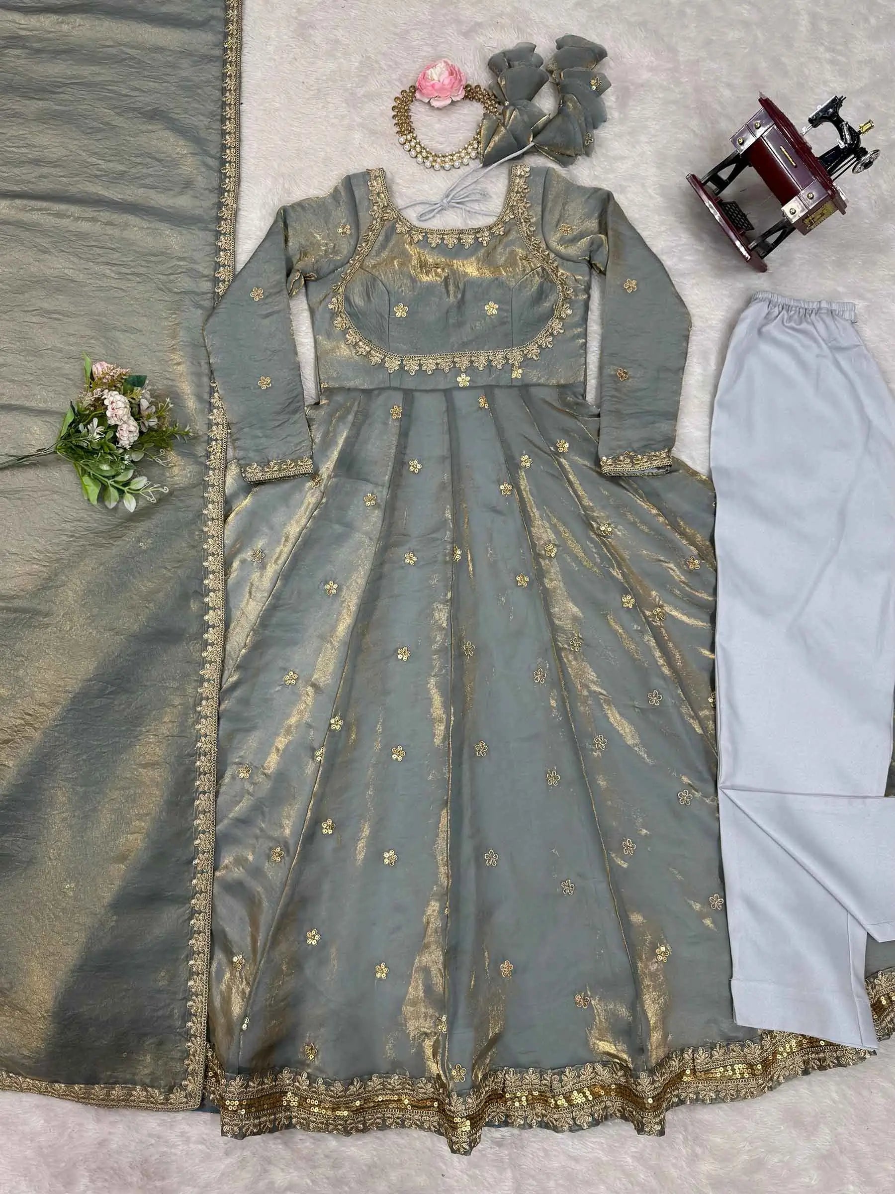 Silver Grey Cording Sequins Embroidery Work Designer Gown With Dupatta