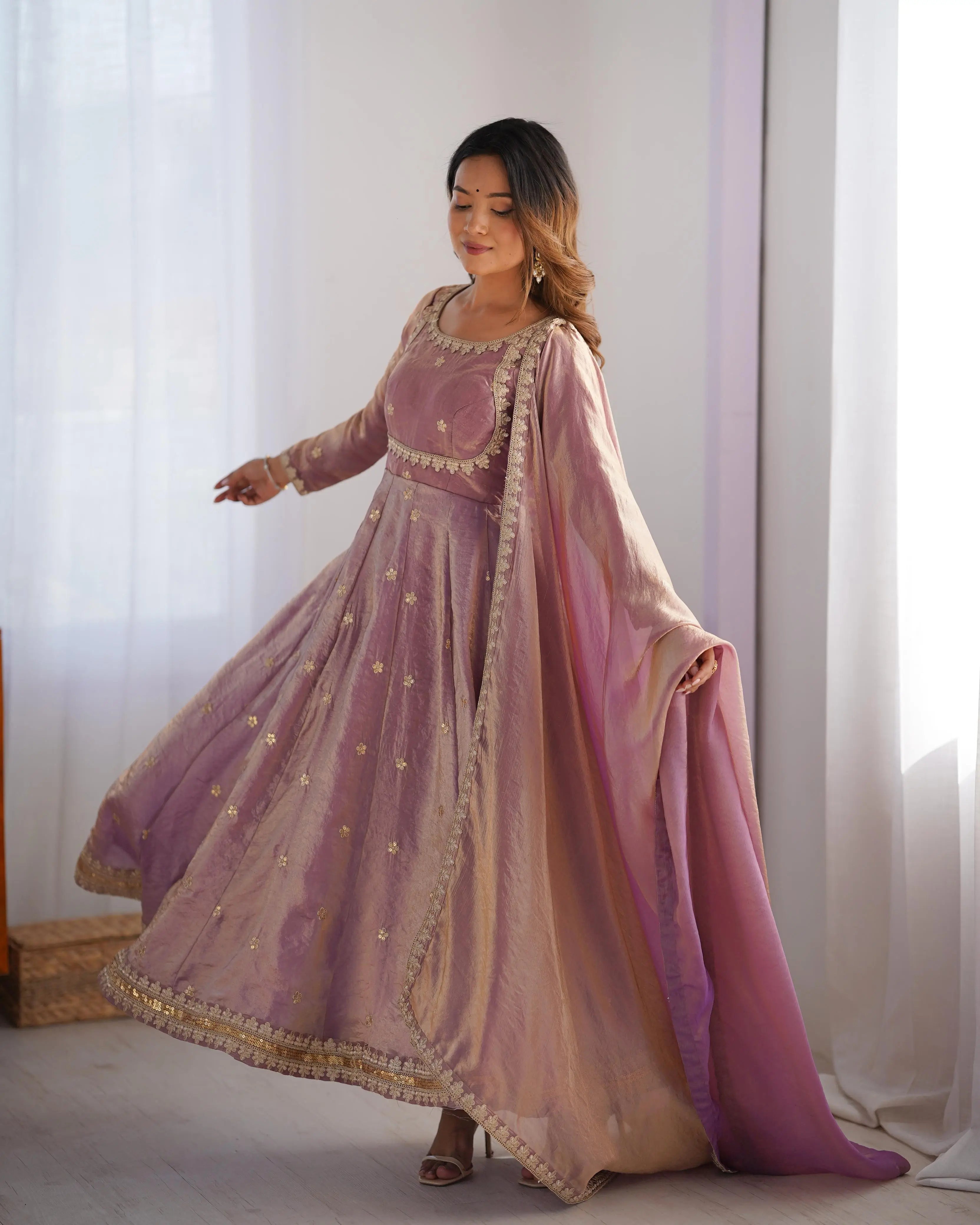 Shiny Rosy Pink Cording Sequins Embroidery Work Designer Gown With Dupatta - qivii