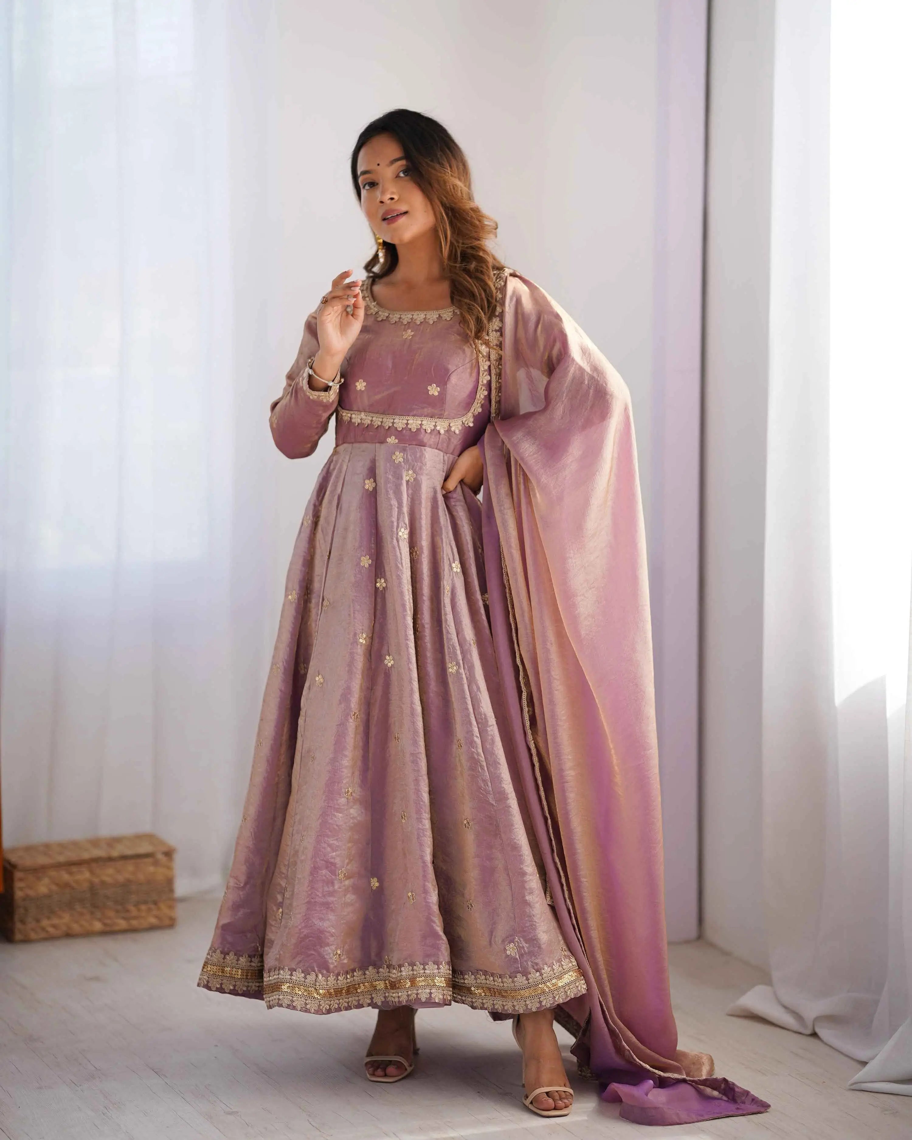 Shiny Rosy Pink Cording Sequins Embroidery Work Designer Gown With Dupatta - qivii