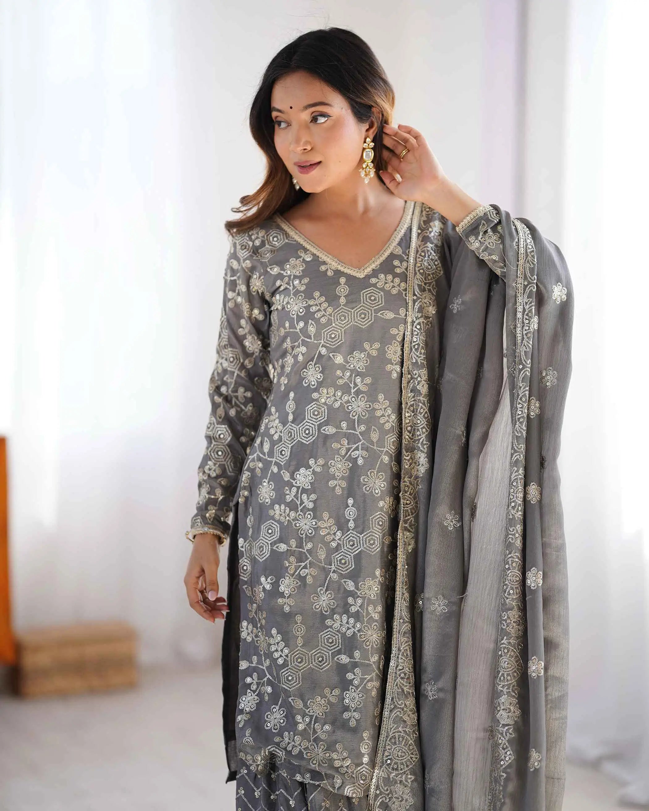 Davy Grey Designer Sequins Embroidery Work Sharara Set With Dupatta - qivii