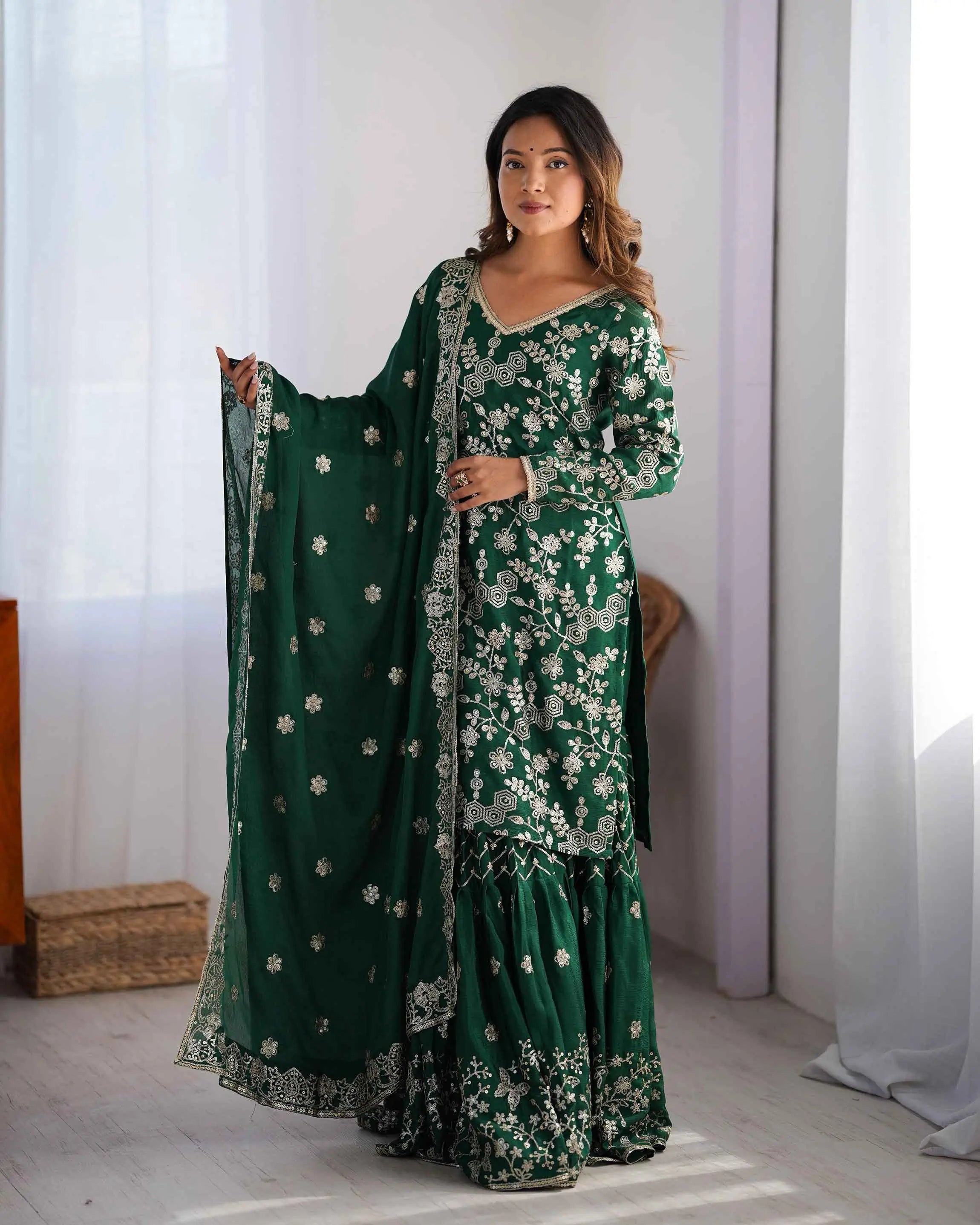 Dark Green Designer Sequins Embroidery Work Sharara Set With Dupatta - qivii
