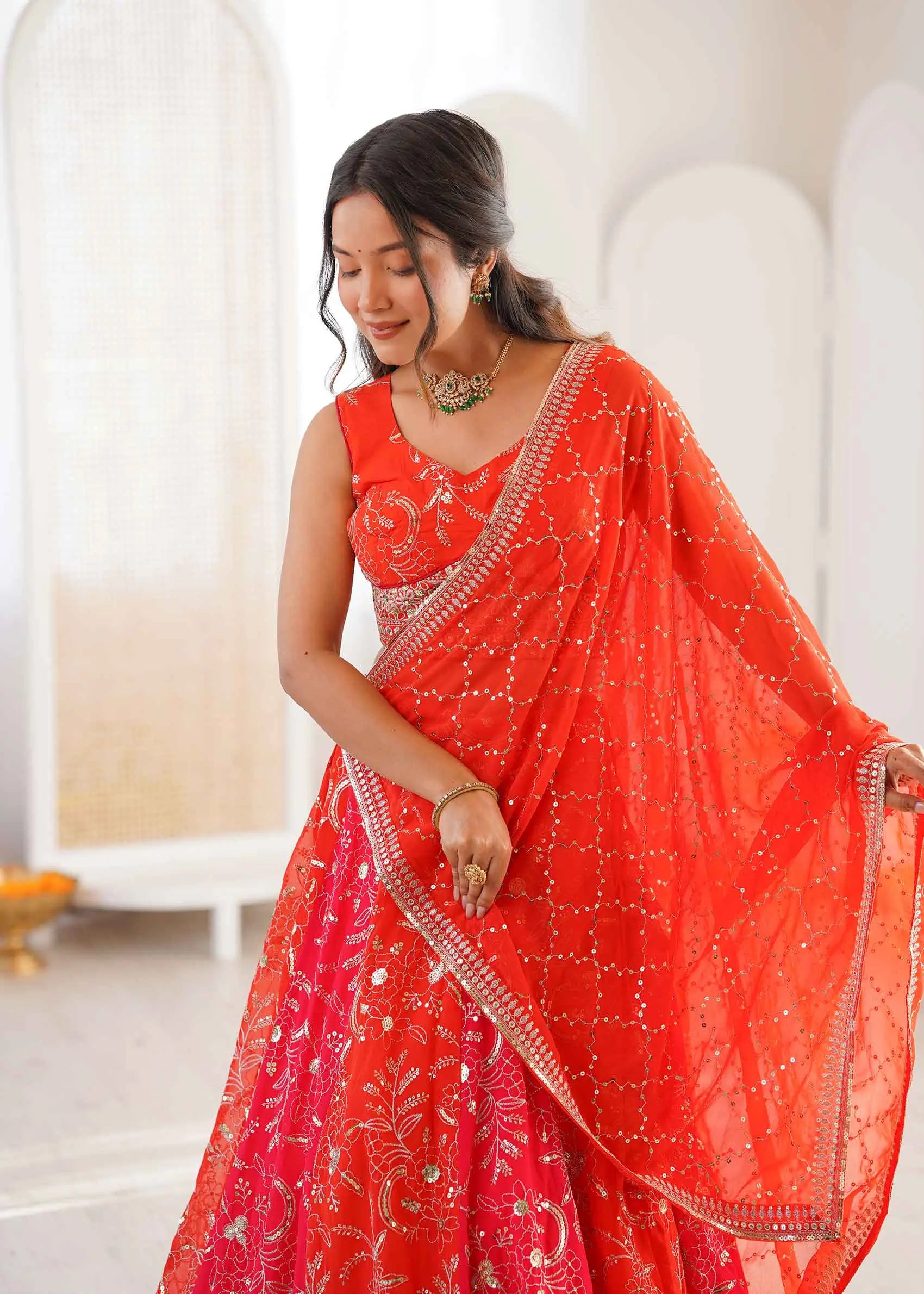 Orangey Red Sequins Embroidery Lehenga Choli