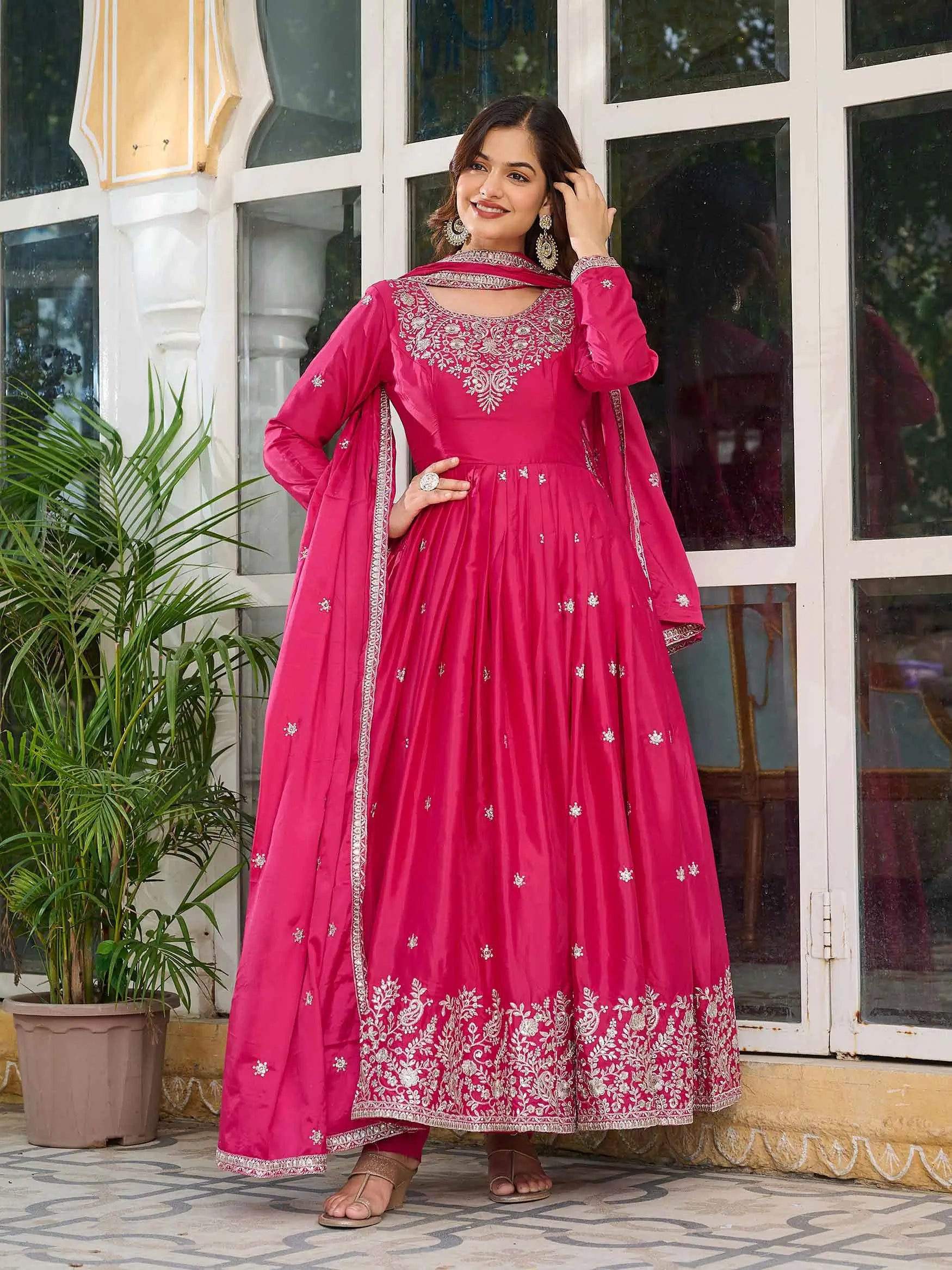 Beautiful Pink Sequins Embroidery Work Silk Gown And Dupatta - qivii